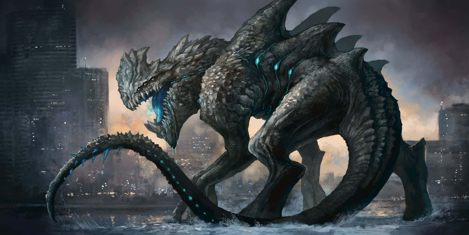 An Epic Battle Unfolds Between Colossal Kaiju Monsters In A City Under Siege. Background