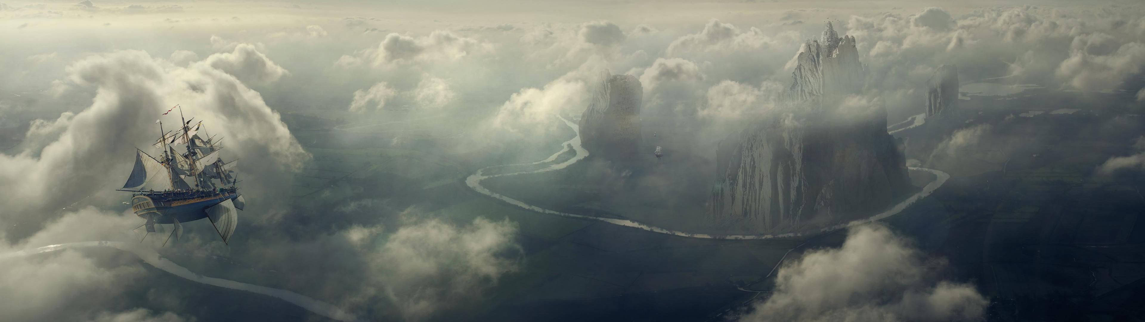 An Epic View Of A Ship Floating Amidst Clouds In The Sky Background