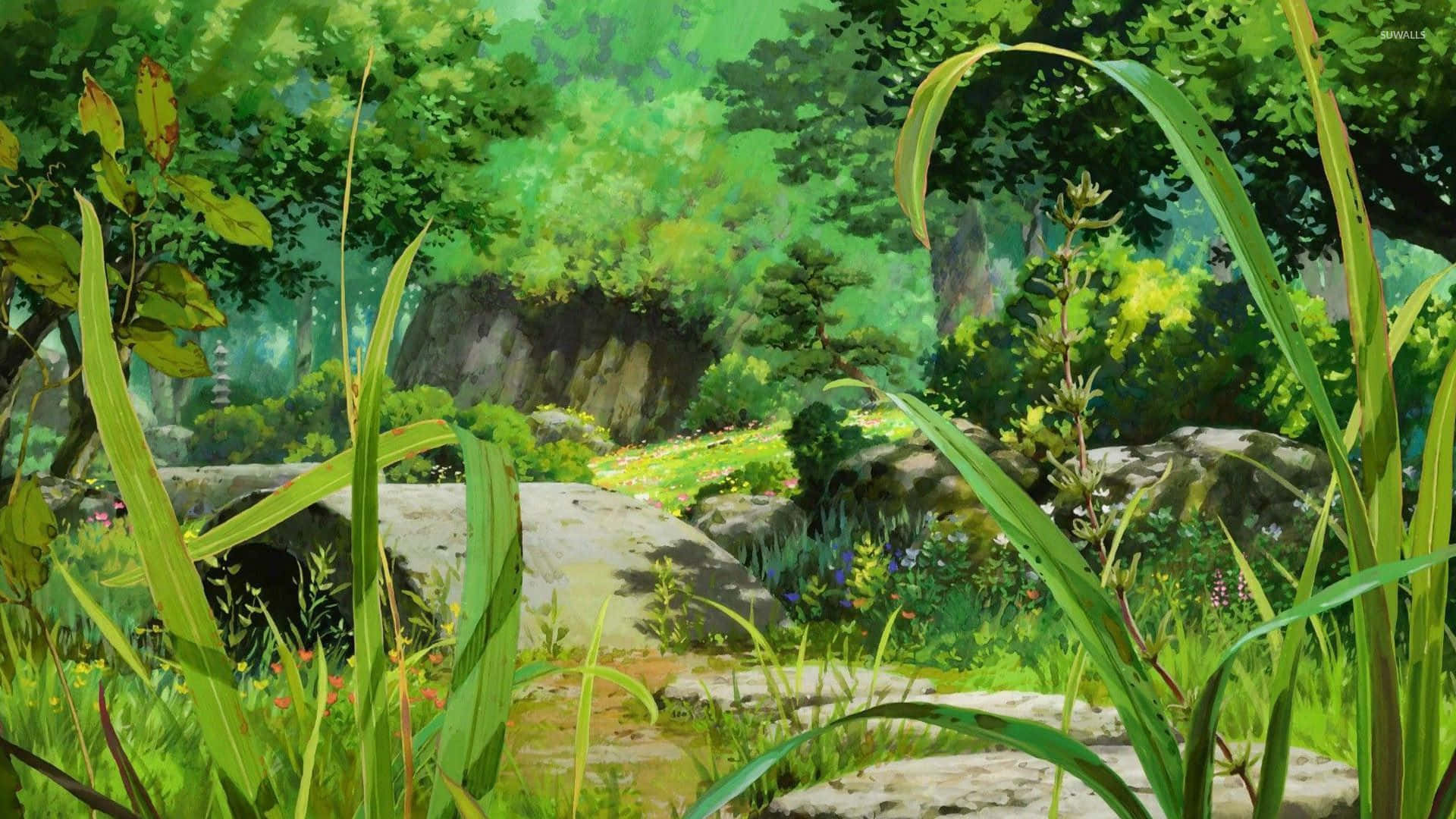 An Idyllic And Tranquil Anime Forest. Background