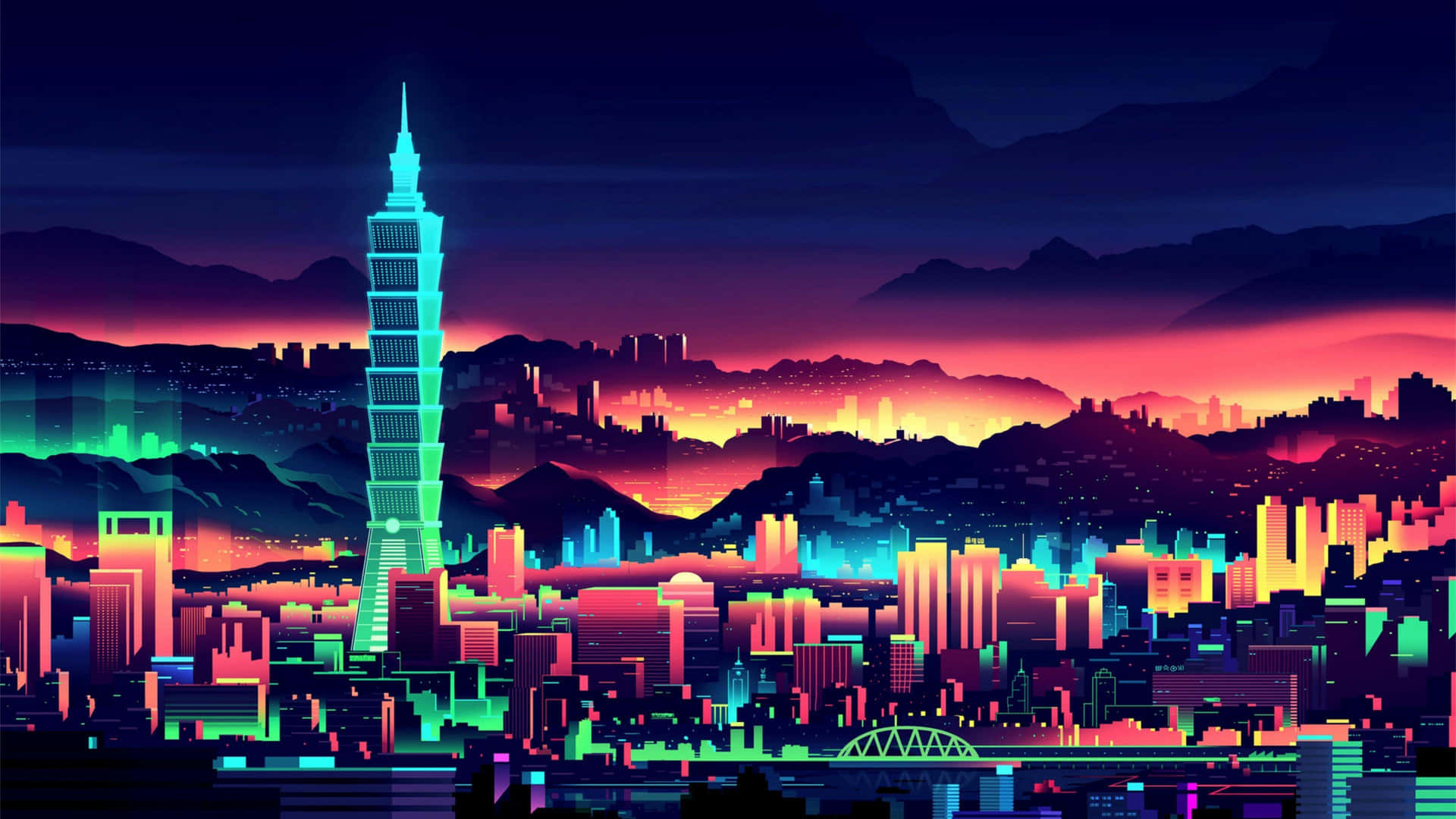 An Illuminated Cityscape With Vibrant Bursts Of Color Background