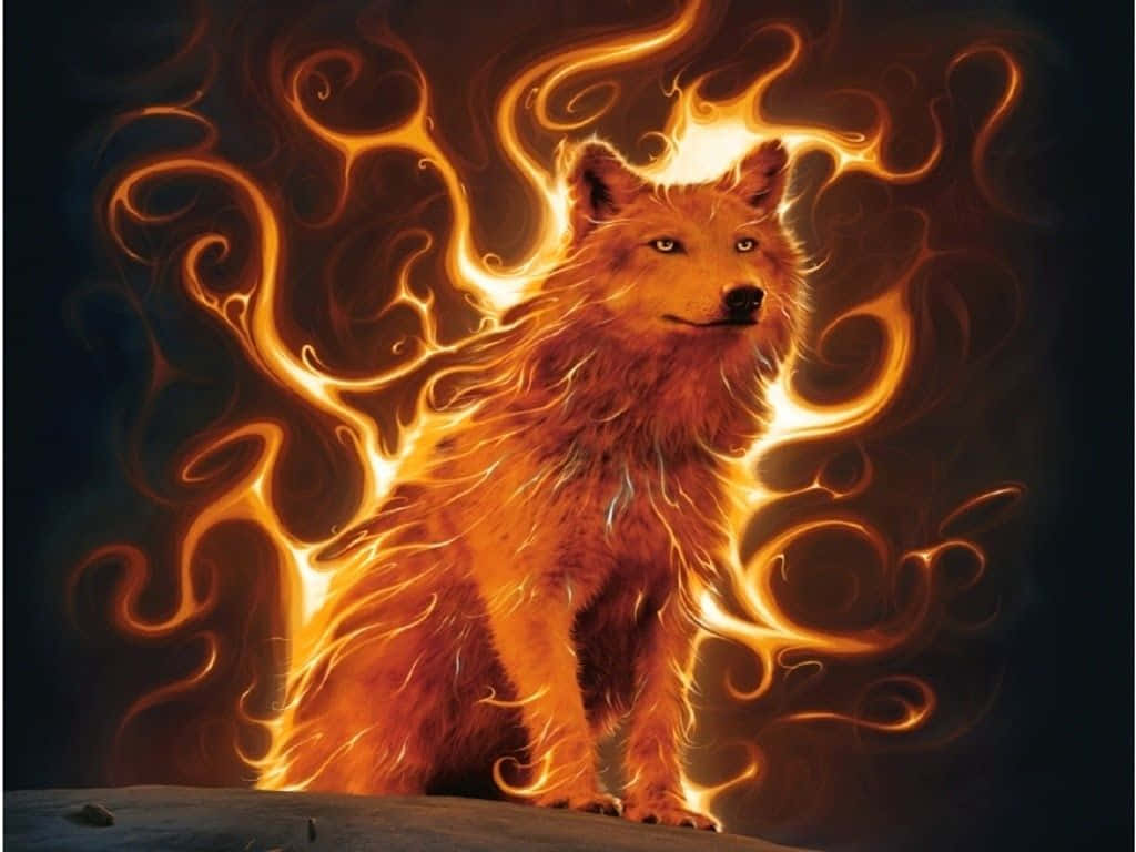 An Illuminated Fire Wolf Looks Out From A Mountain Landscape Background