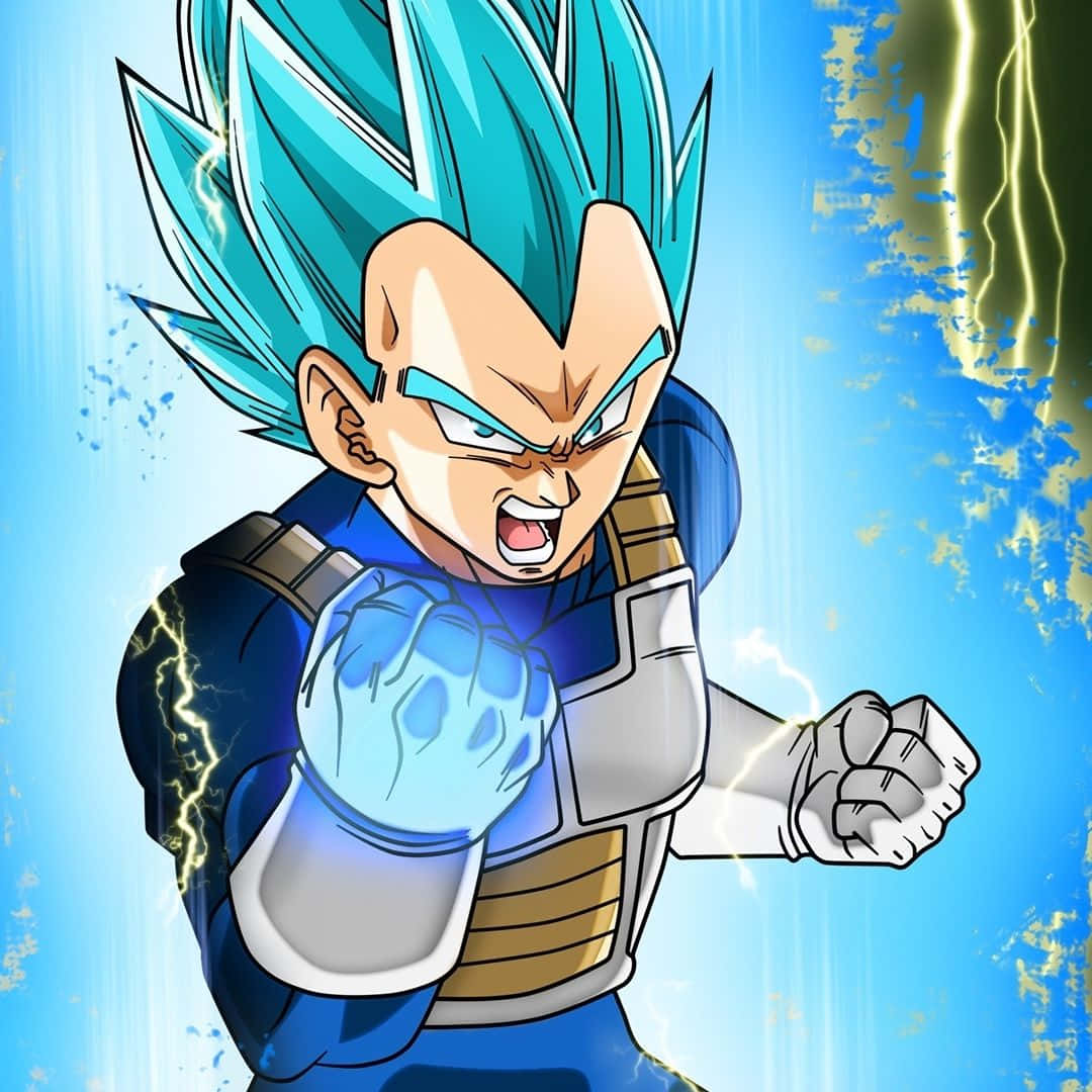 An Illustrated Portrait Of Vegeta From Dragon Ball Z In A Blue Aura Background