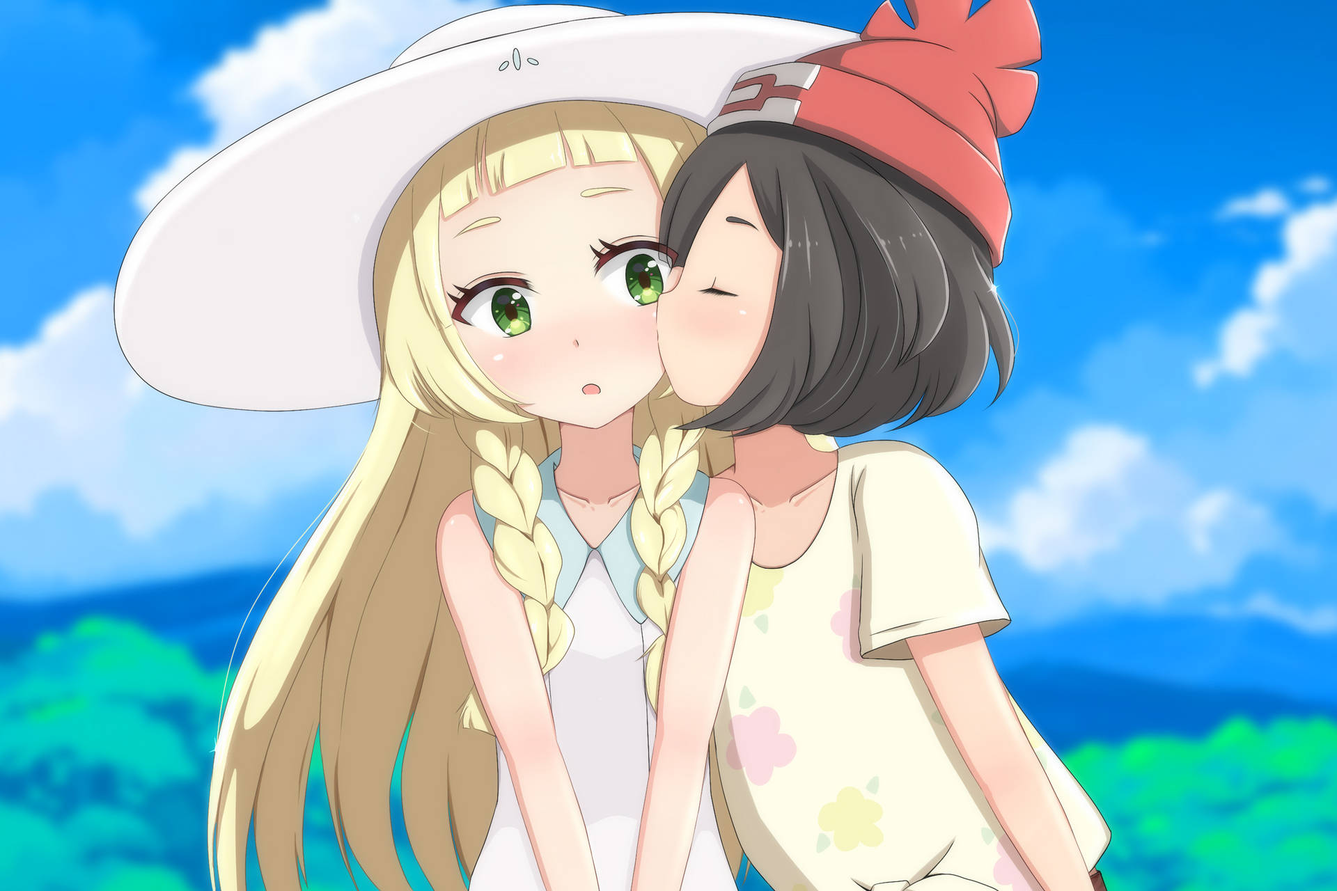 An Intimate Moment Between Two Female Pokemon Characters Background