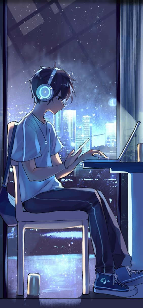 An Introspective Anime Boy At His Computer Background