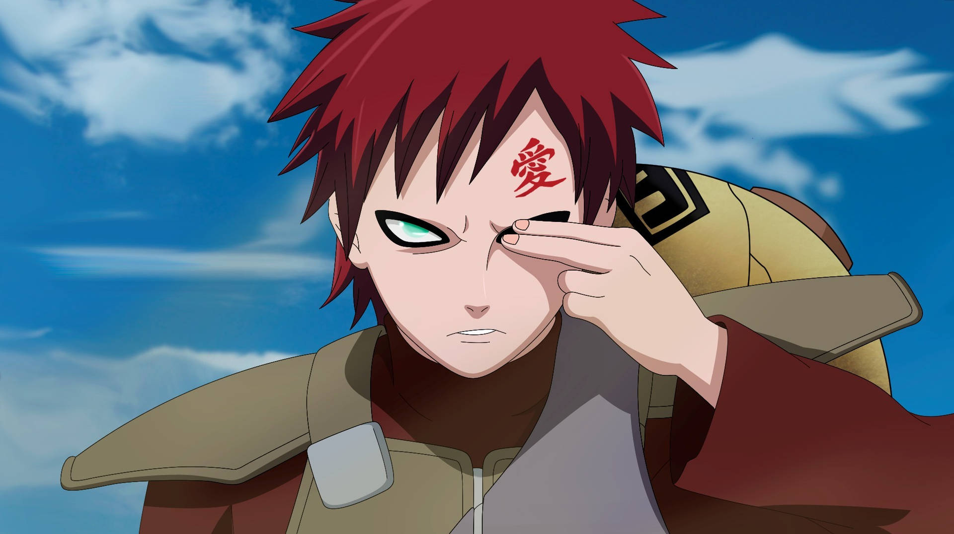 An Ipad Wallpaper Of Gaara From The Anime Series Naruto Focusing And Staring At Something, With Two Of His Fingers Covering His Right Eye. Background