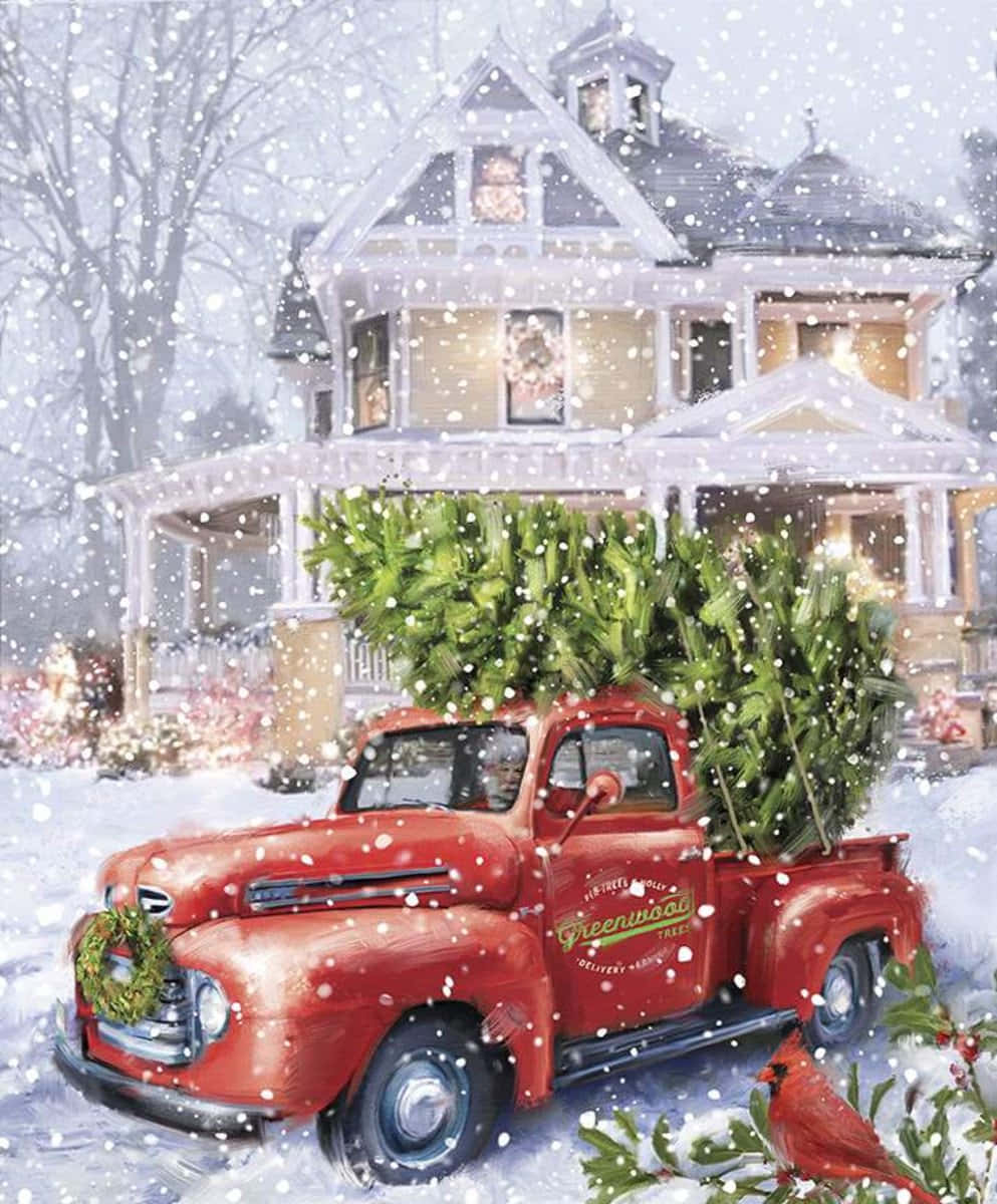 An Old-fashion Vintage Truck Lit Up For The Holidays Background