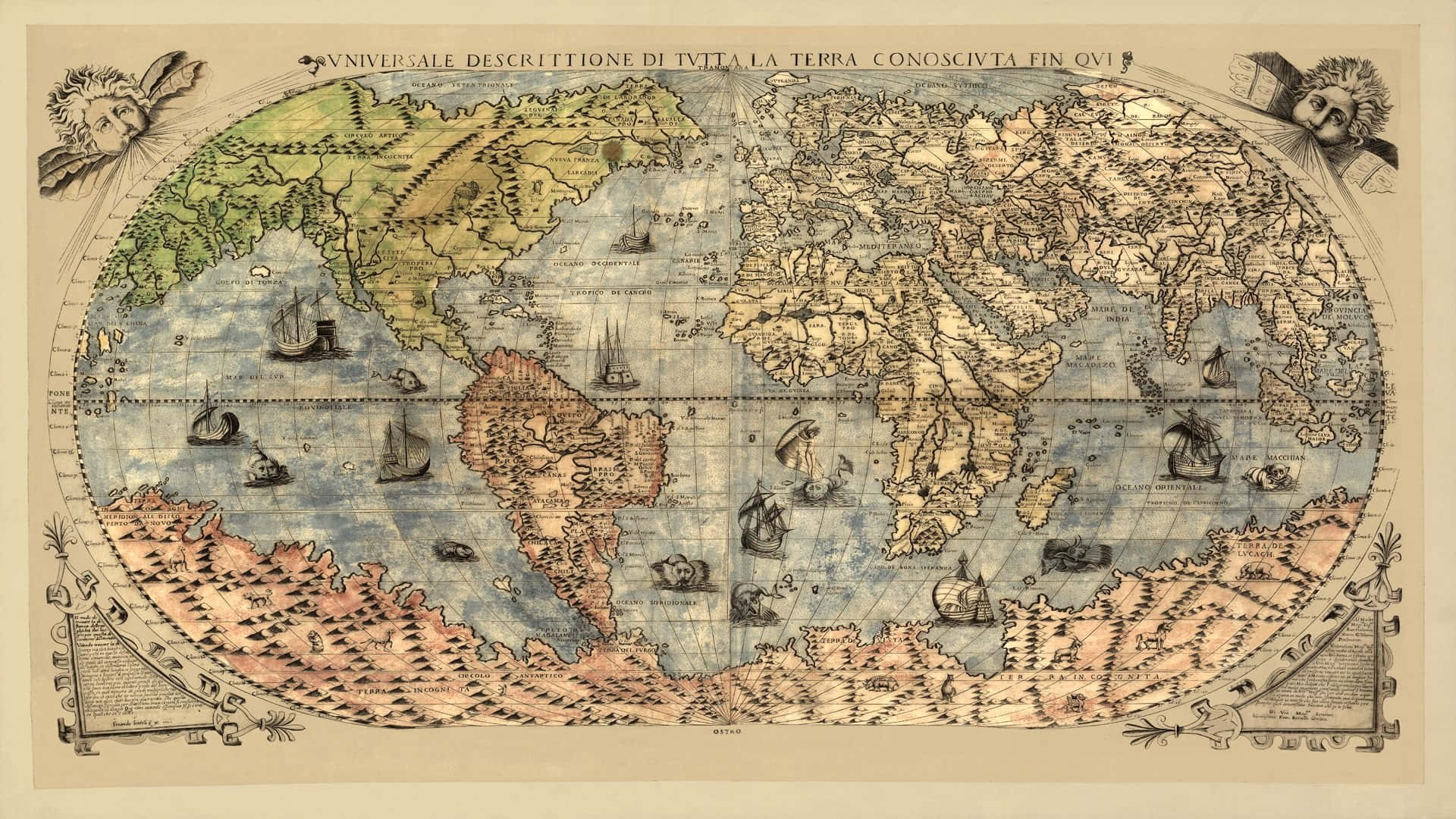 An Old Map Of The World With Ships And Ships Background