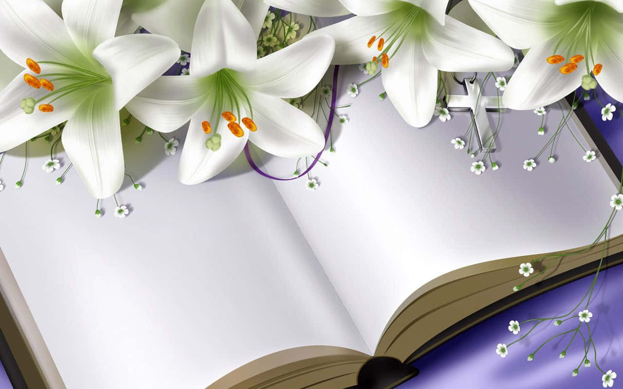 An Open Book Amidst Beautiful Lily Flowers Background