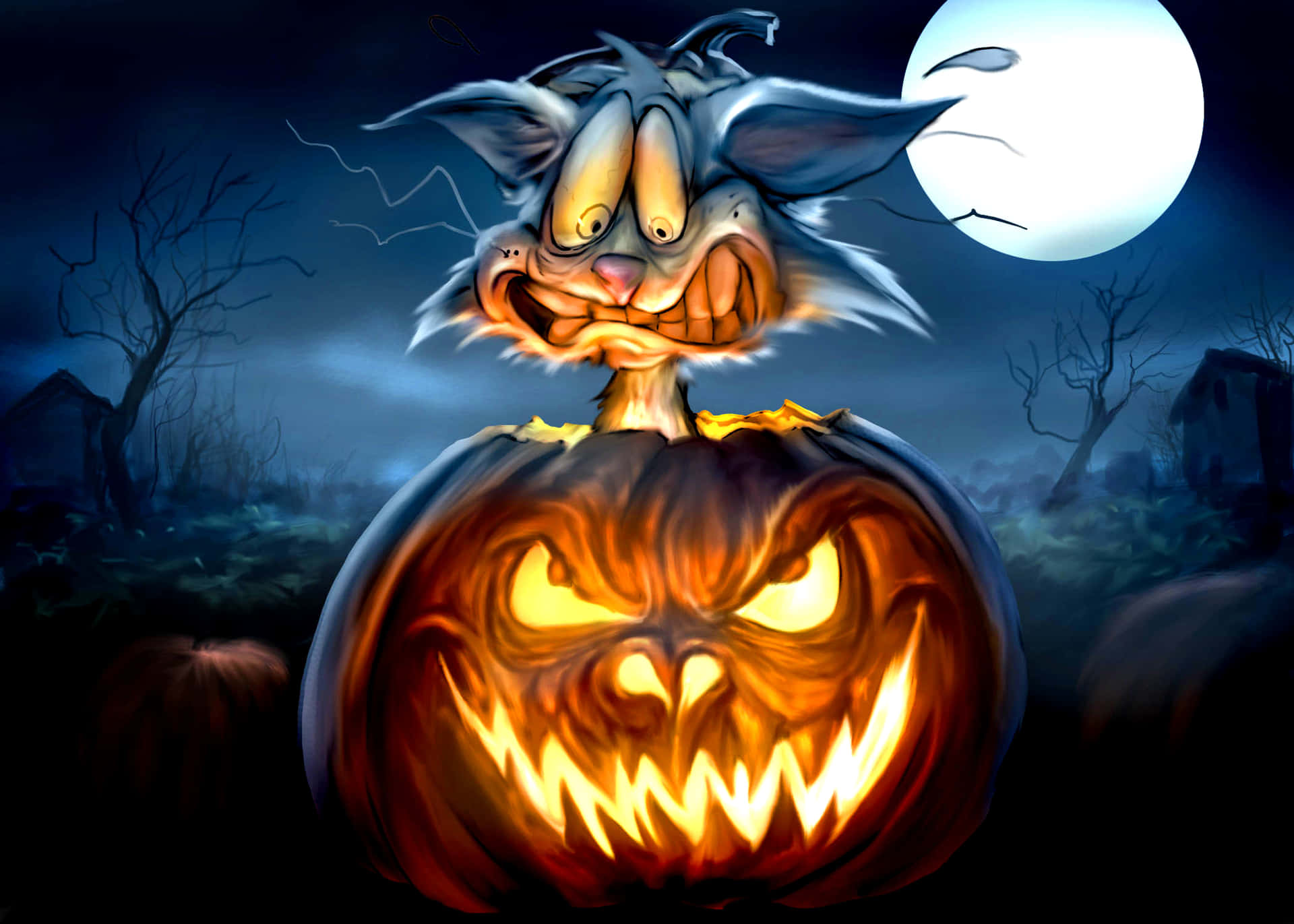 An Orange Pumpkin And Carved Scarecrow In Front Of A Spooky Night Sky. Background
