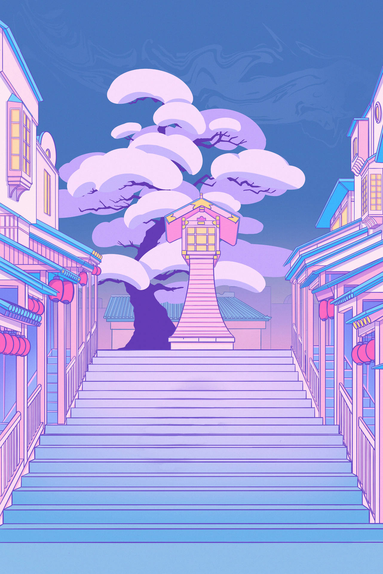 An Outdoor Stairway In Pastel Japanese Aesthetic Background