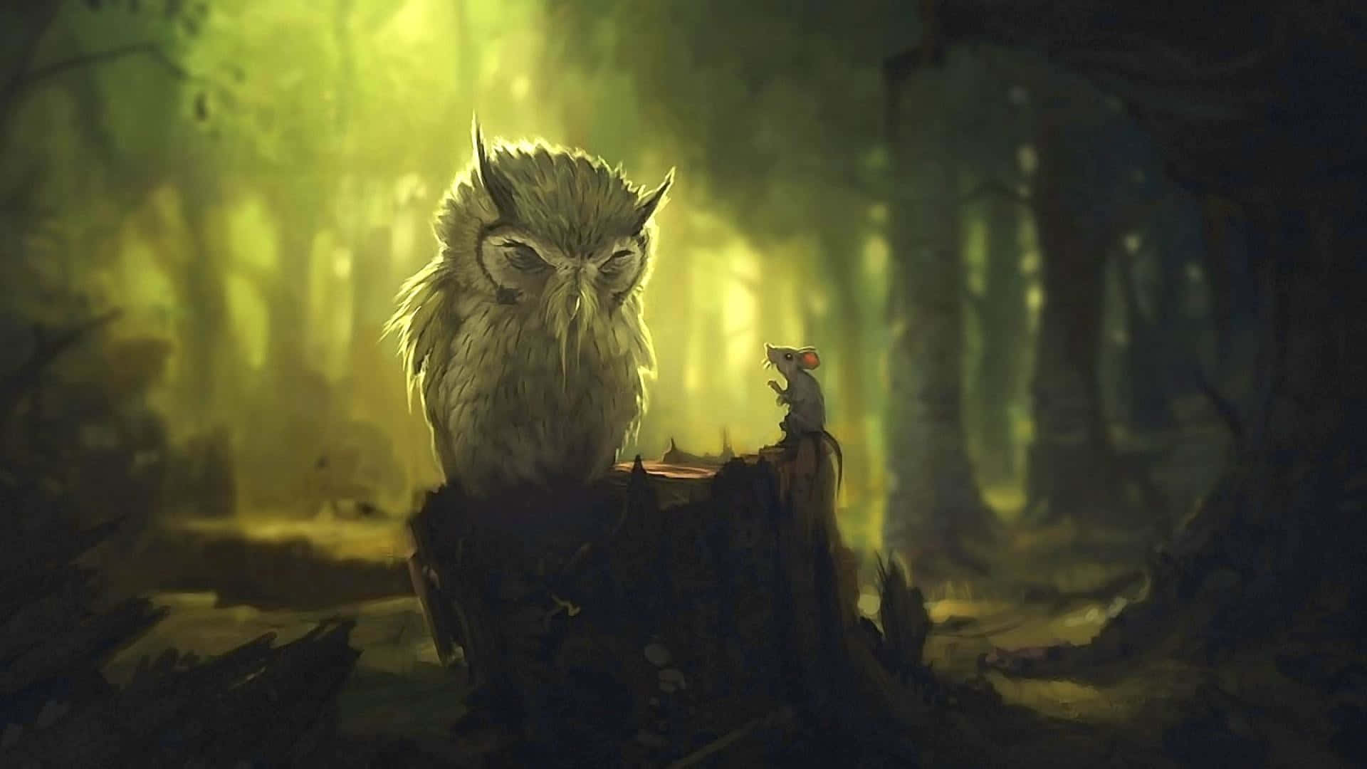 An Owl Is Standing On A Stump In The Forest Background