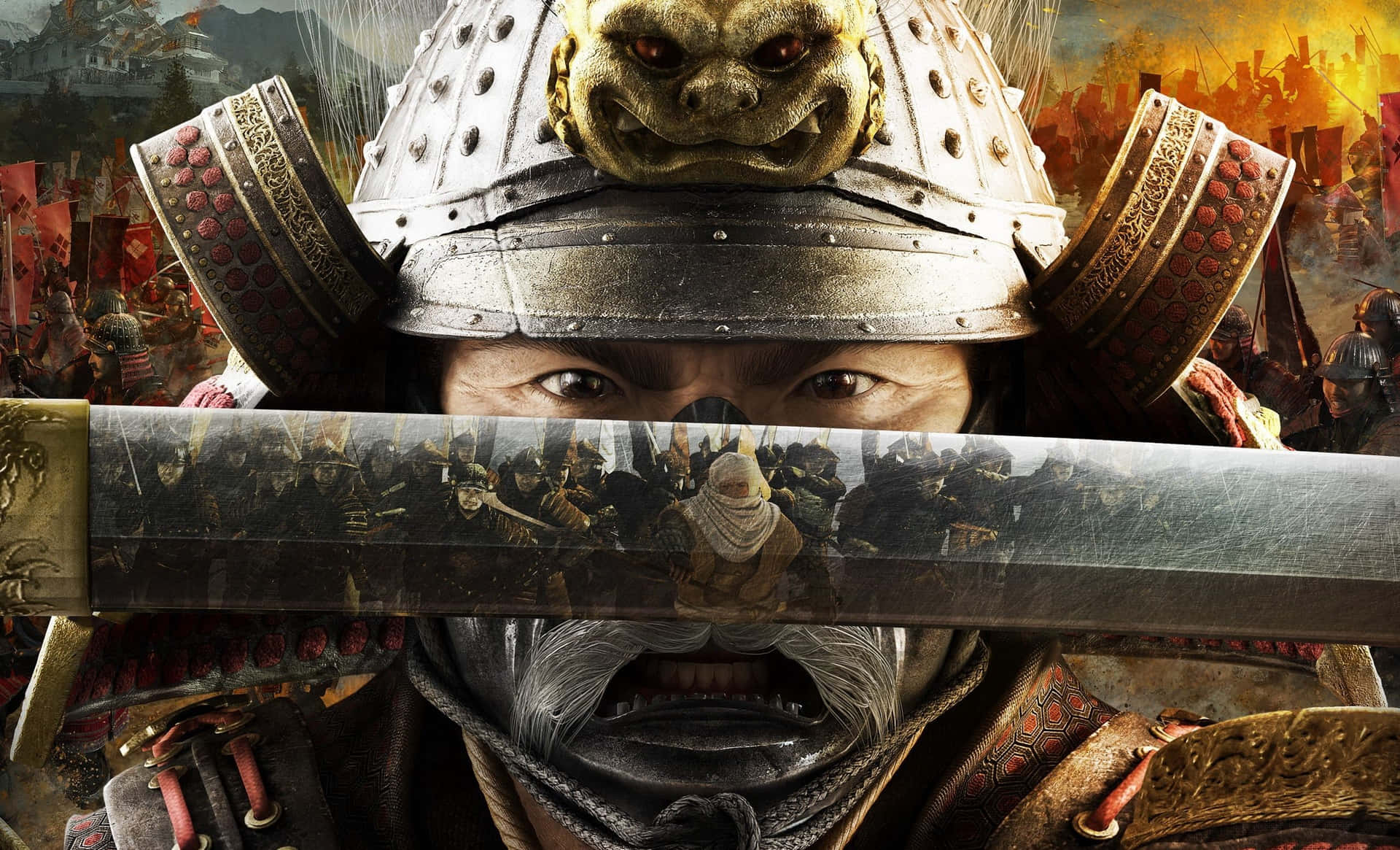 Ancient Japanese Shogun In Battle Armor Background