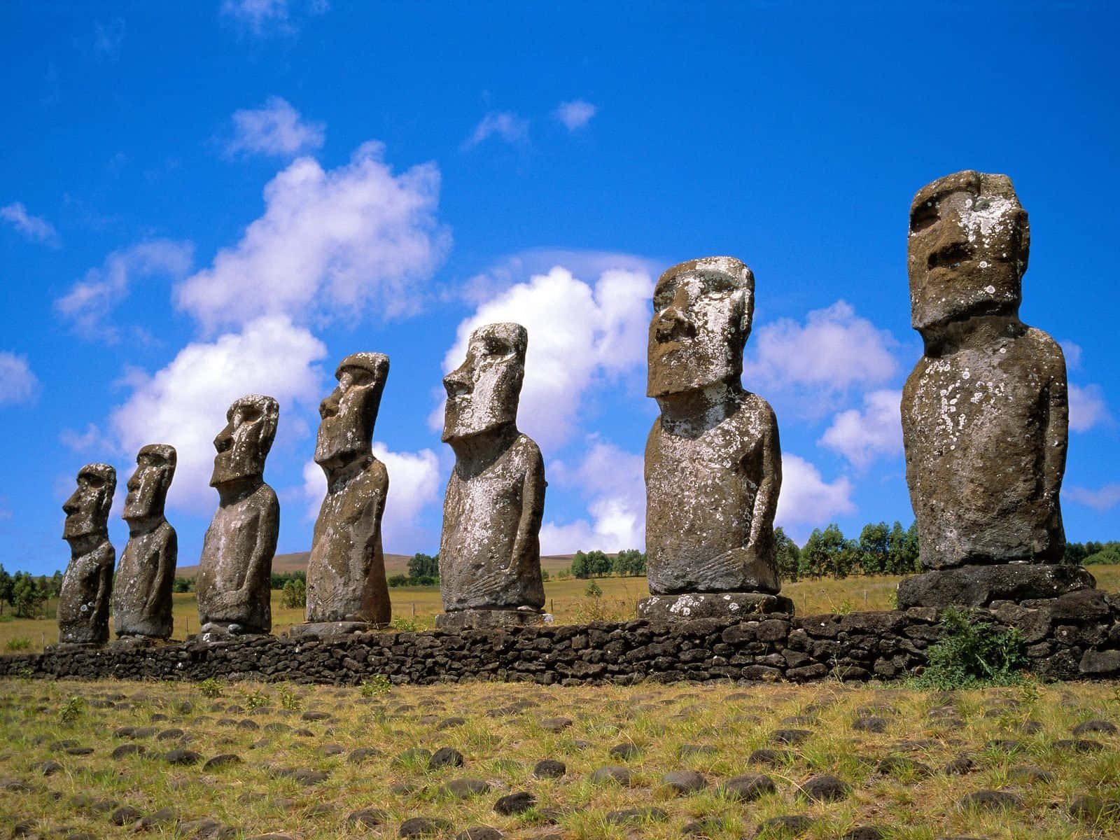 Ancient Moai Statues At Ahu Akivi, Chile Background