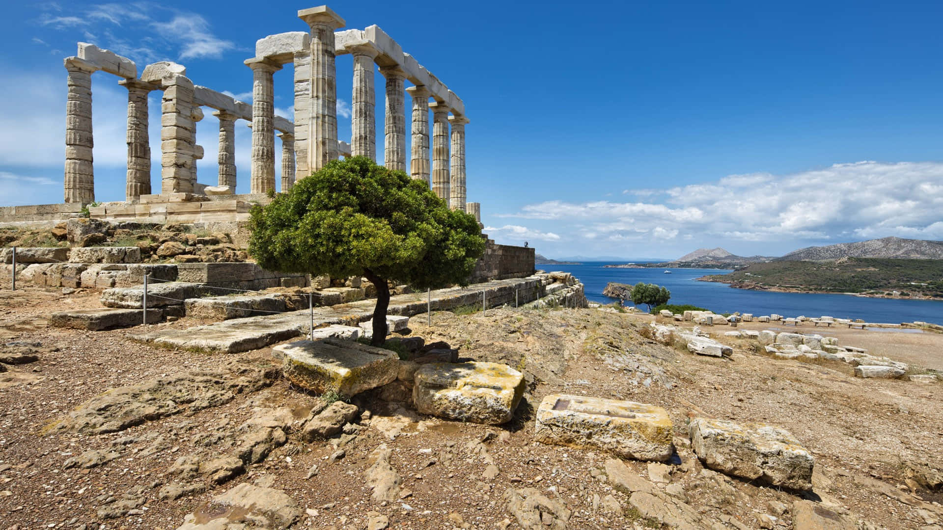 Ancient Ruins And The Lone Tree Of Sounion Background