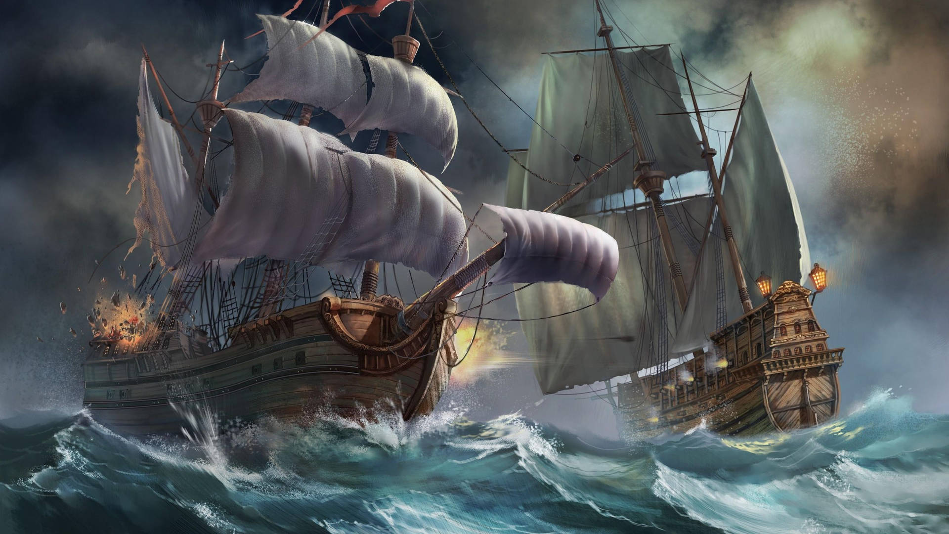 Ancient War Ship In Ocean Background