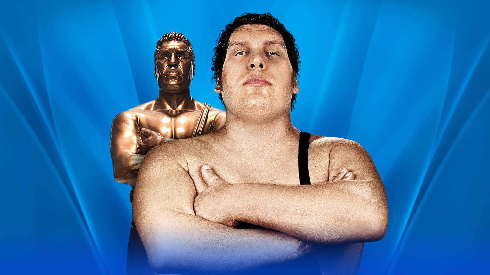 Andre The Giant With Bronze Statue Background
