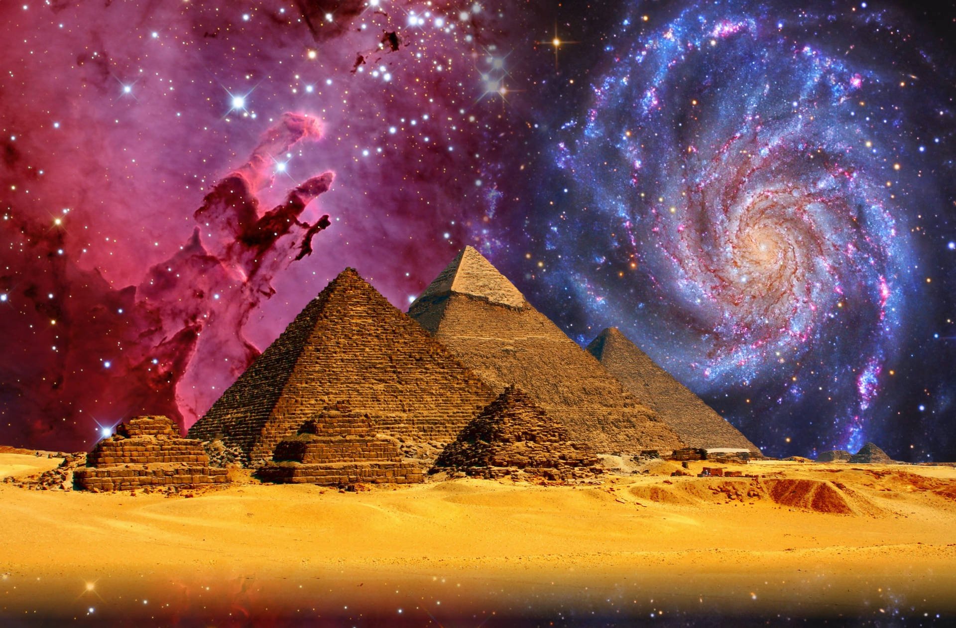 Andromeda Galaxy Over An Egyptian Pyramid Background