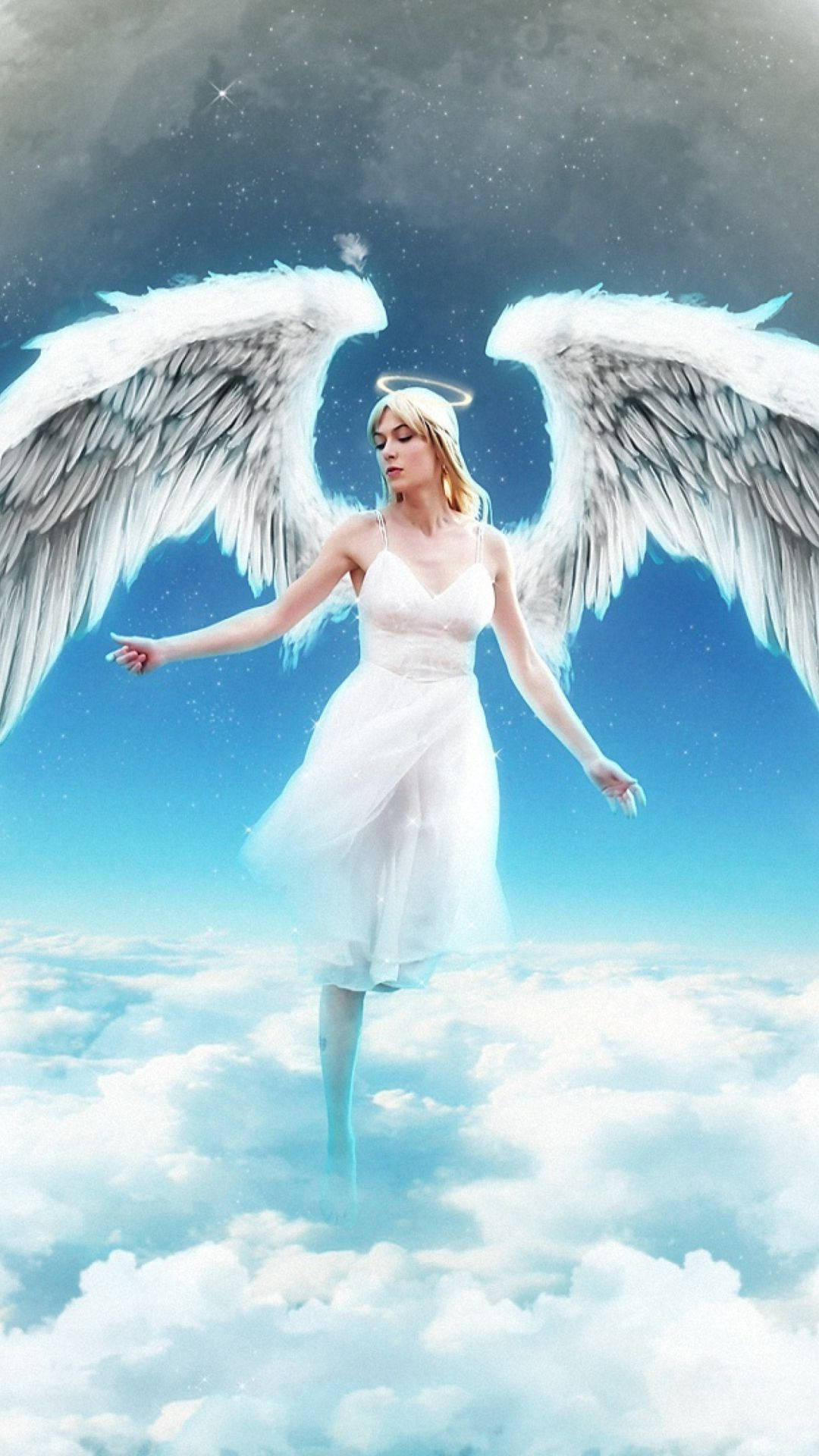 Angels In Heaven Flying Above Clouds White Dress Background