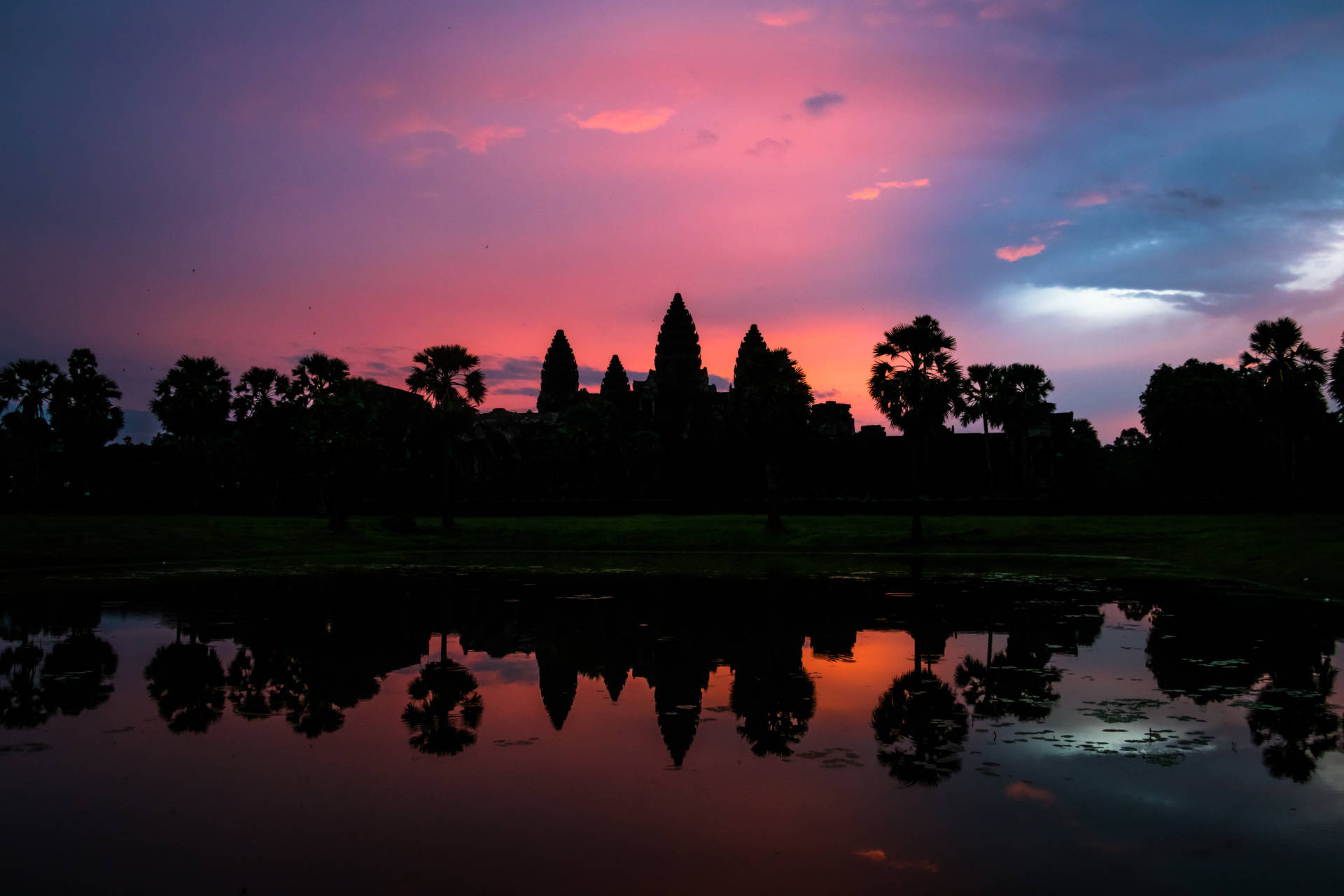 Angkor Wat Silhouette Beneath The Beautiful Sky Background