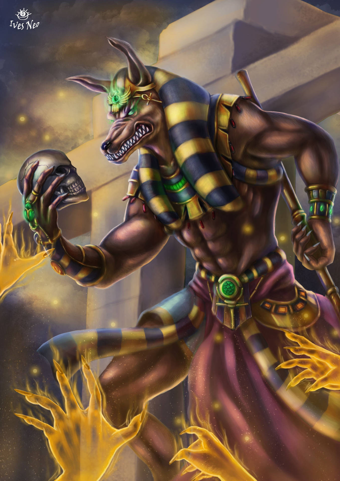 Angry 4k Anubis With Skull Background
