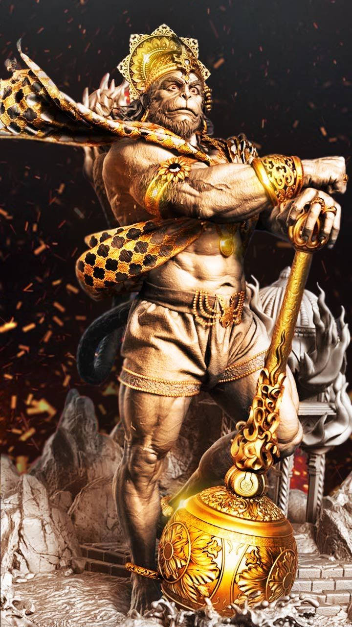 Angry Hanuman With Golden Gada Background