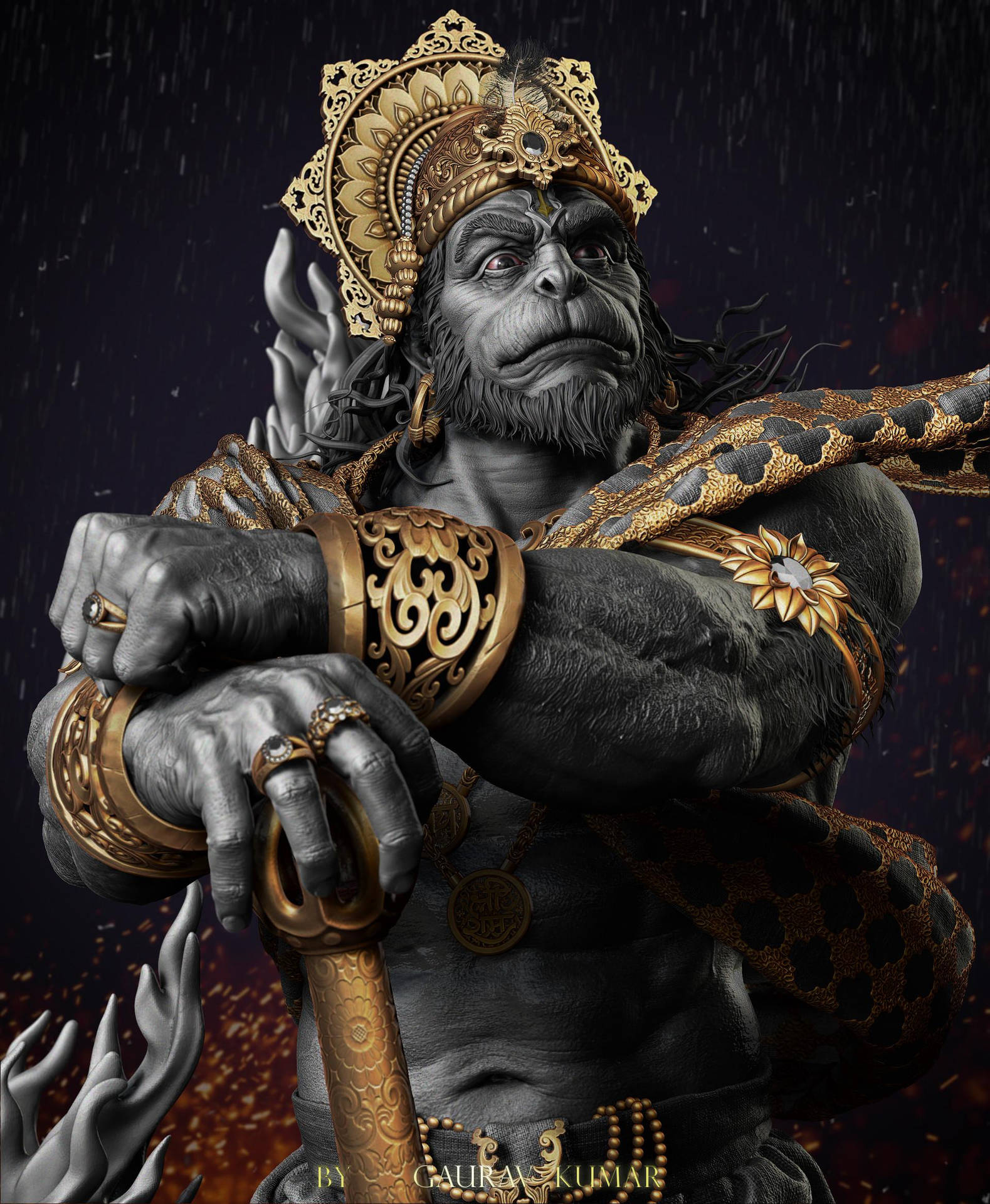 Angry Hanuman With Ornate Accessories Background