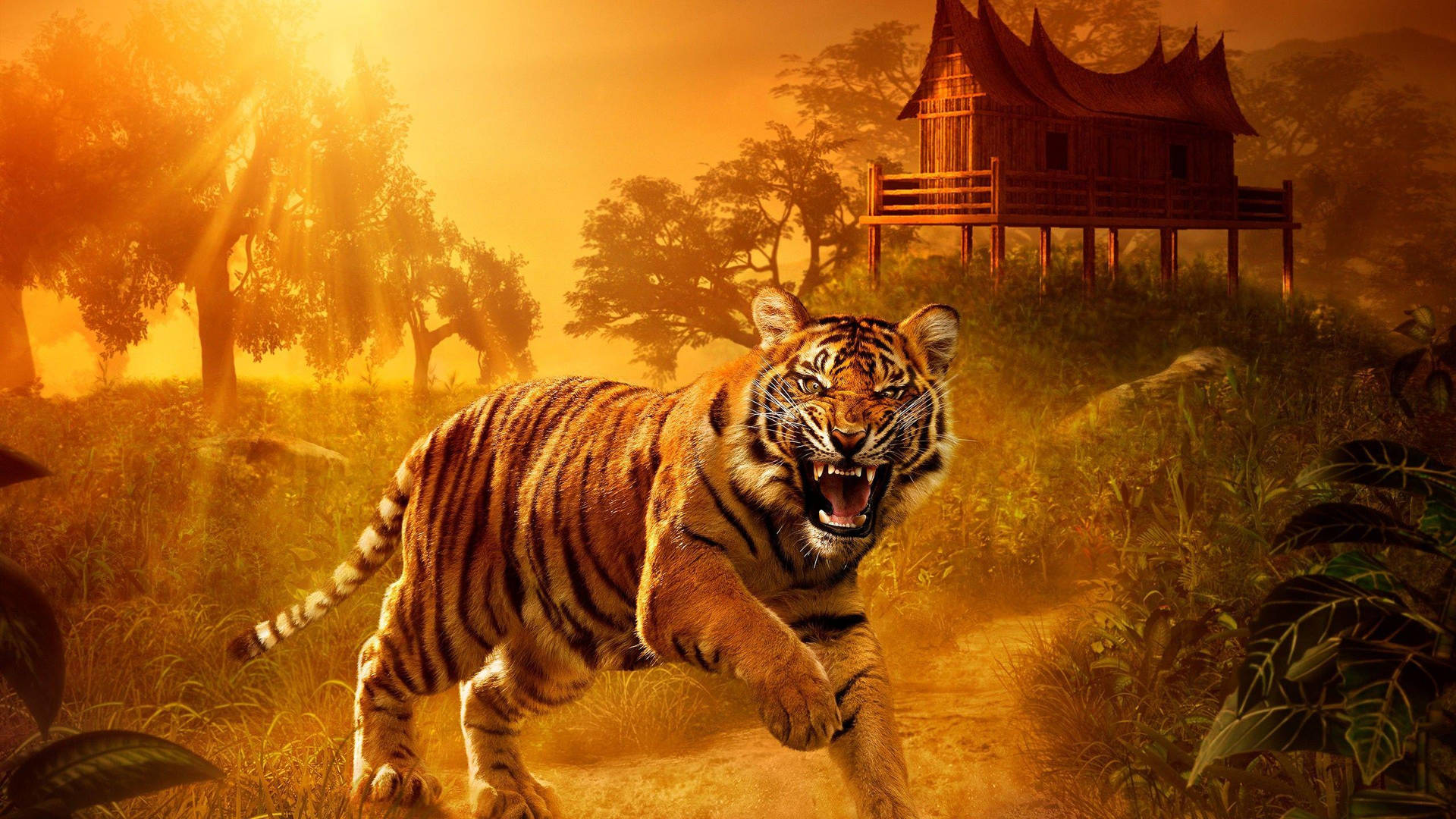 Angry Tiger Sunset Painting Background