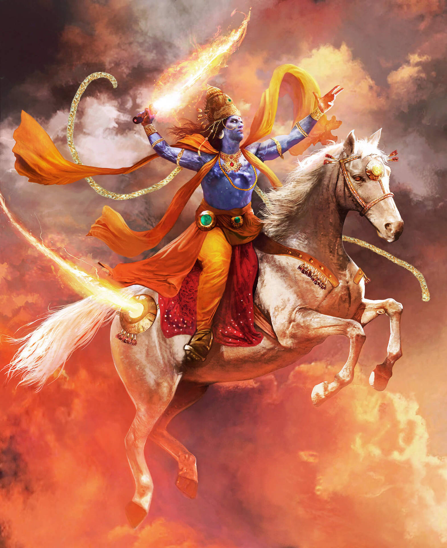 Angry Vishnu On Flaming Horse Background