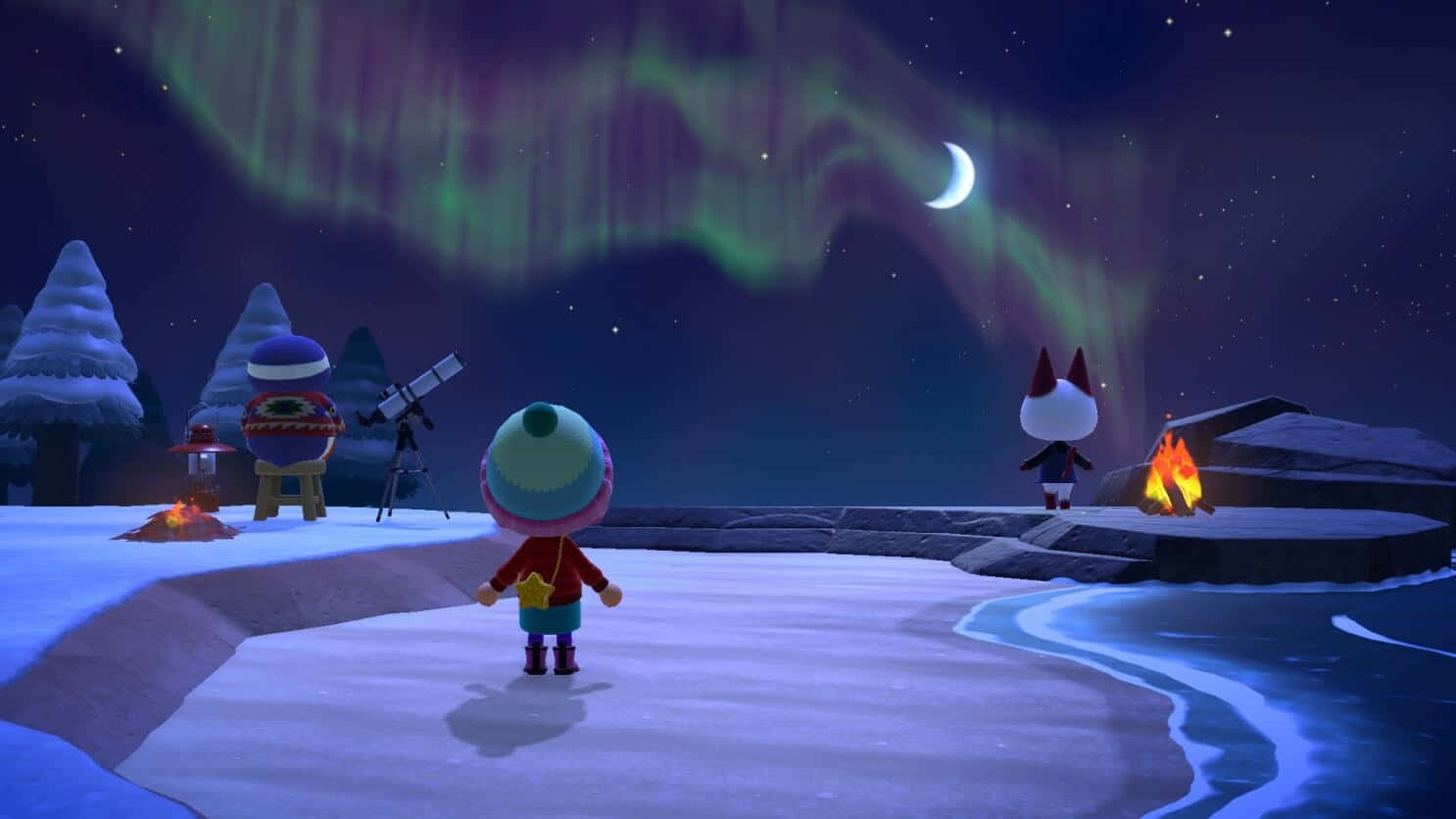 Animal Crossing Northern Lights Winter Night Background