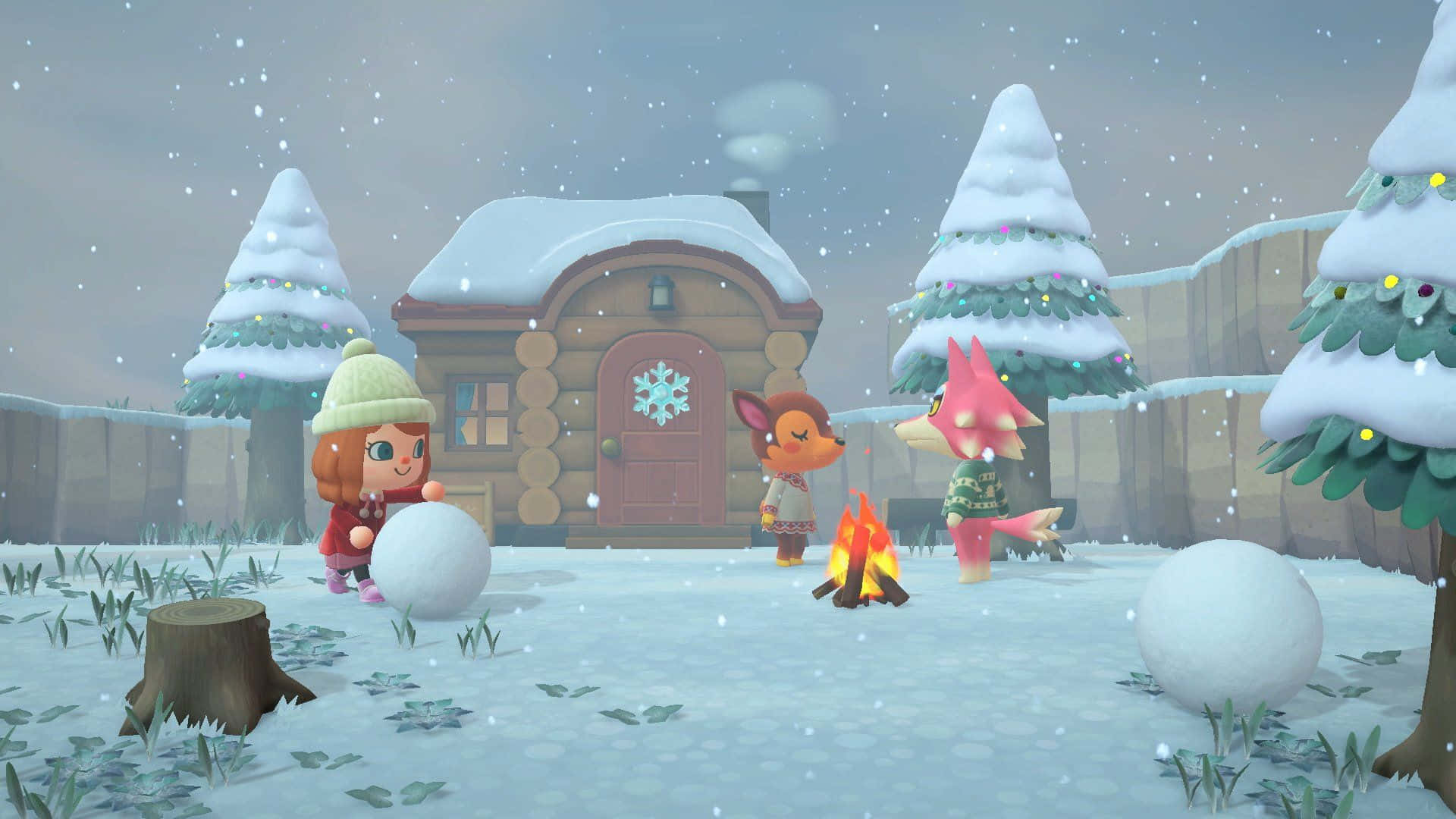 Animal Crossing Winter Snowballs Bonfire Background