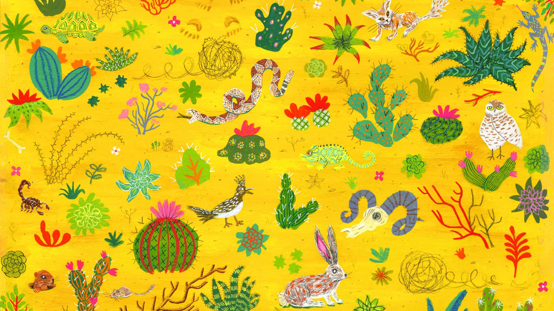 Animals And Plants Doodle Art In Yellow Aesthetic Desktop Background