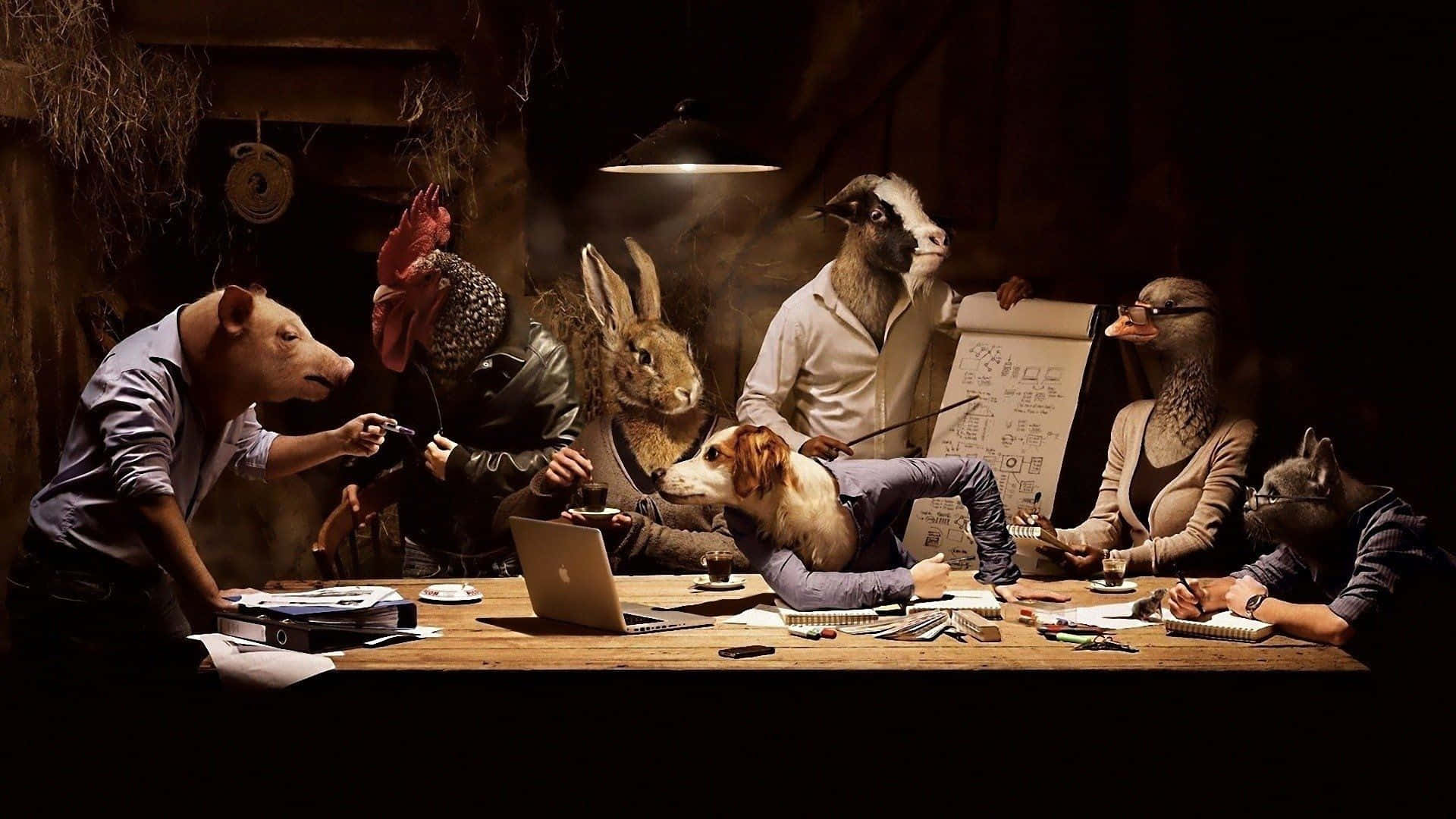 Animals Meeting In Obscure Barnhouse Background