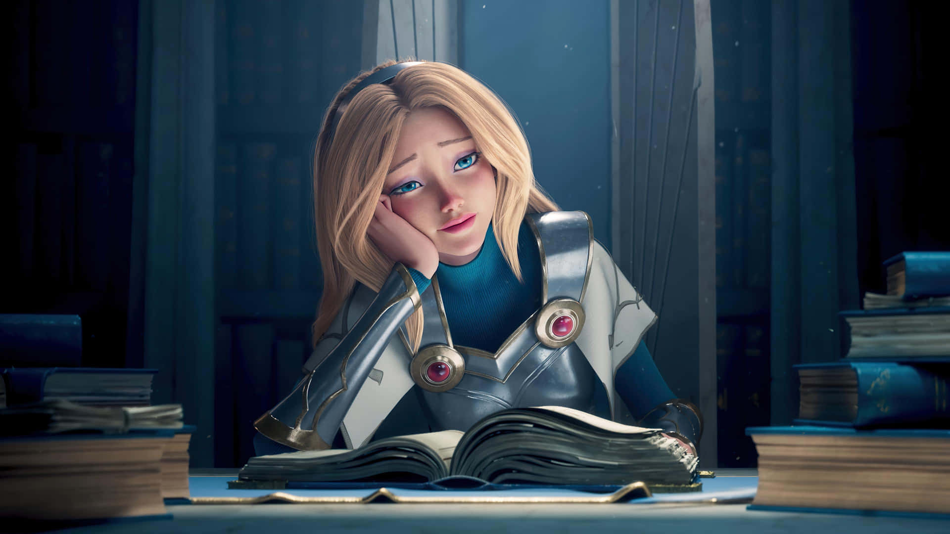 Animated Armored Heroine Studying