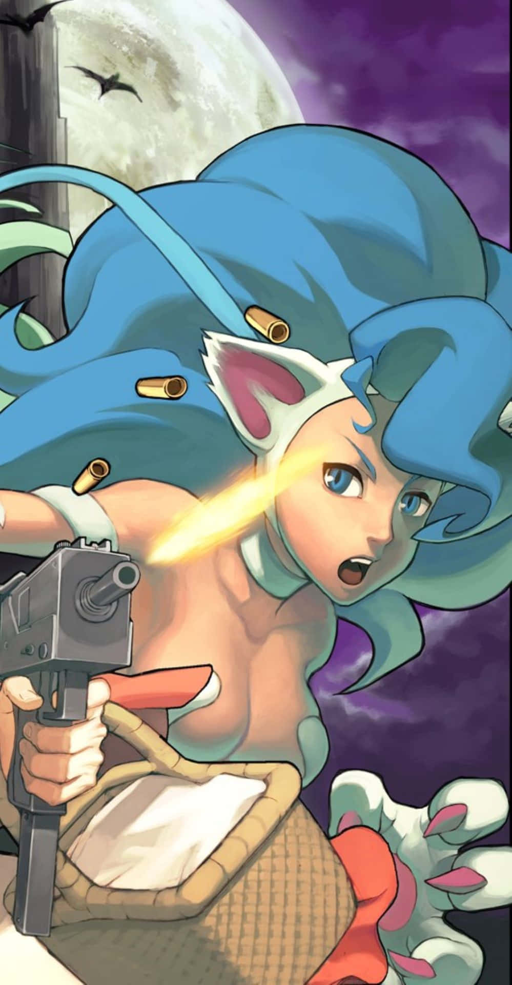Animated Blue Haired Warrior Firing Gun Background