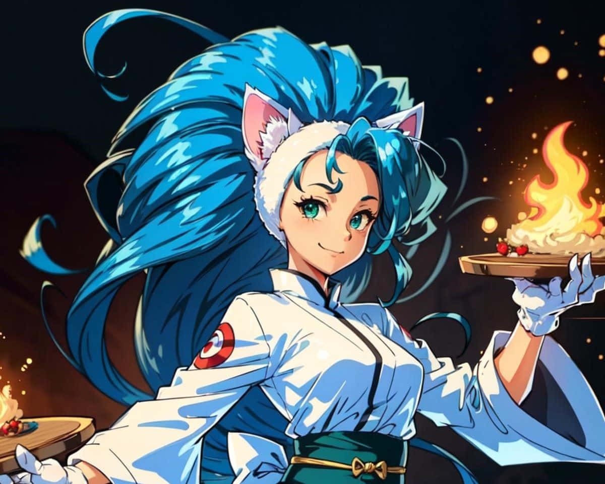 Animated Catgirl Chefwith Blue Hair Background