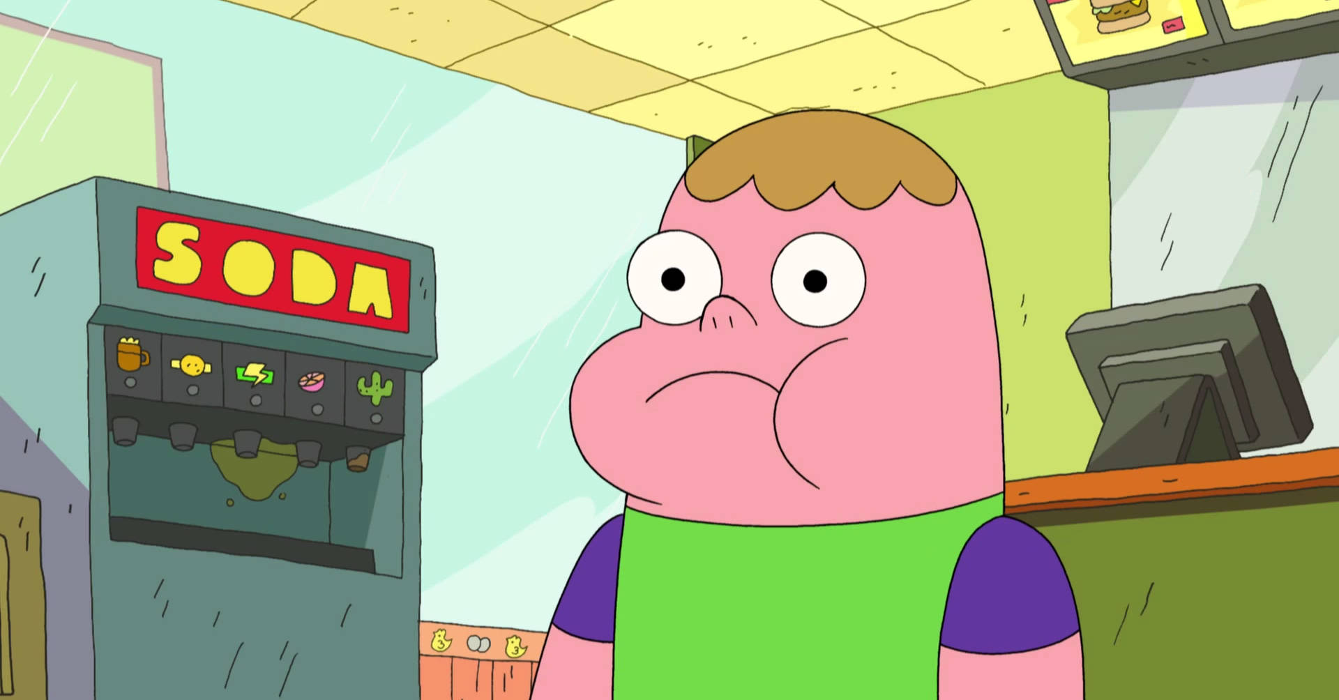 Animated Character Clarence Standing Beside A Soda Machine Background