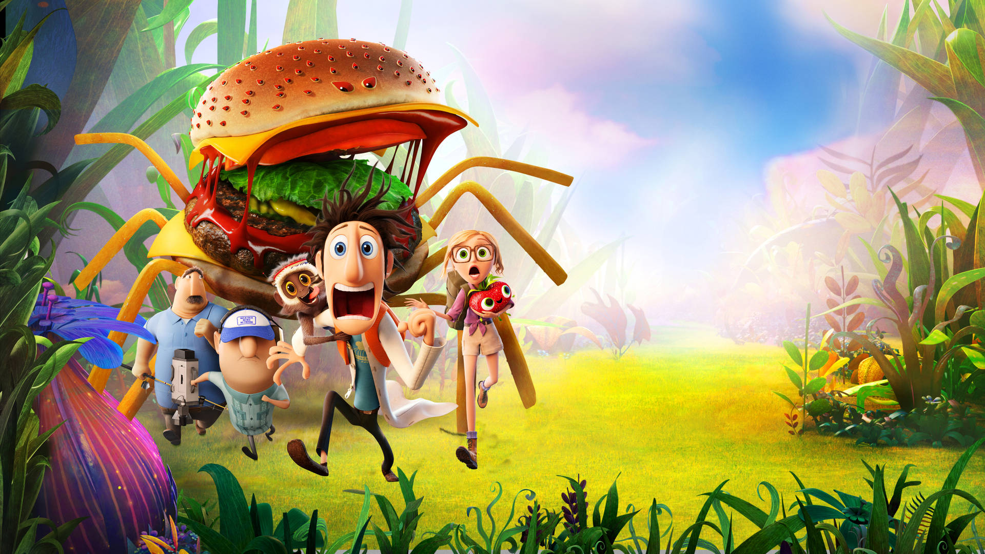 Animated Characters In Cloudy With A Chance Of Meatballs 2 Facing Cheespider Background