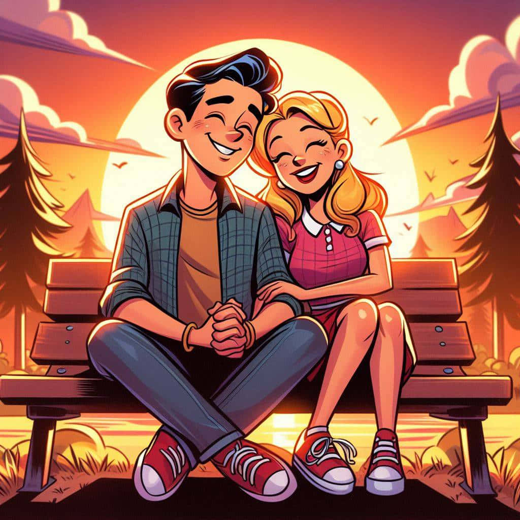 Animated Couple Sunset Park Bench