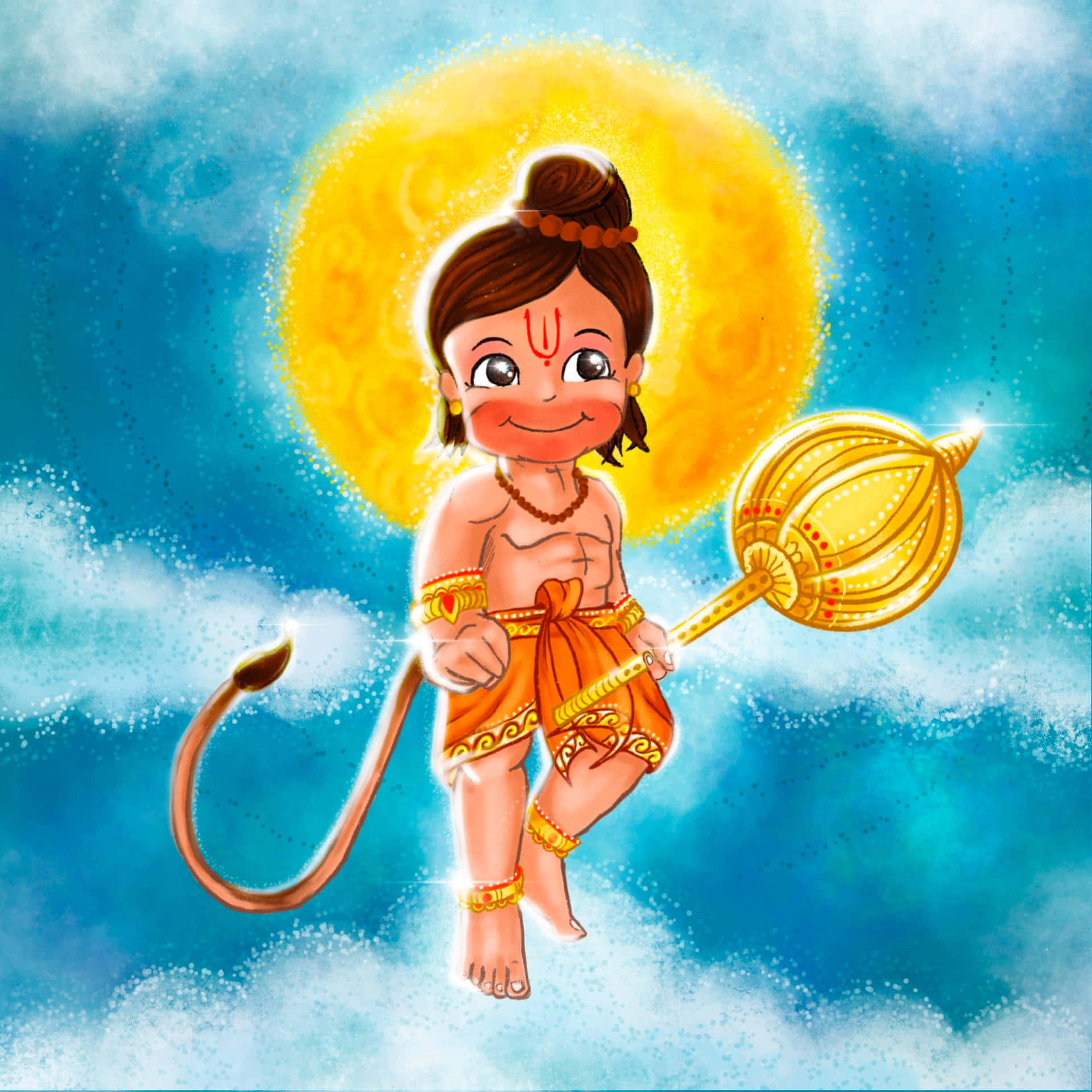 Animated Hanuman With Maceand Halo Background