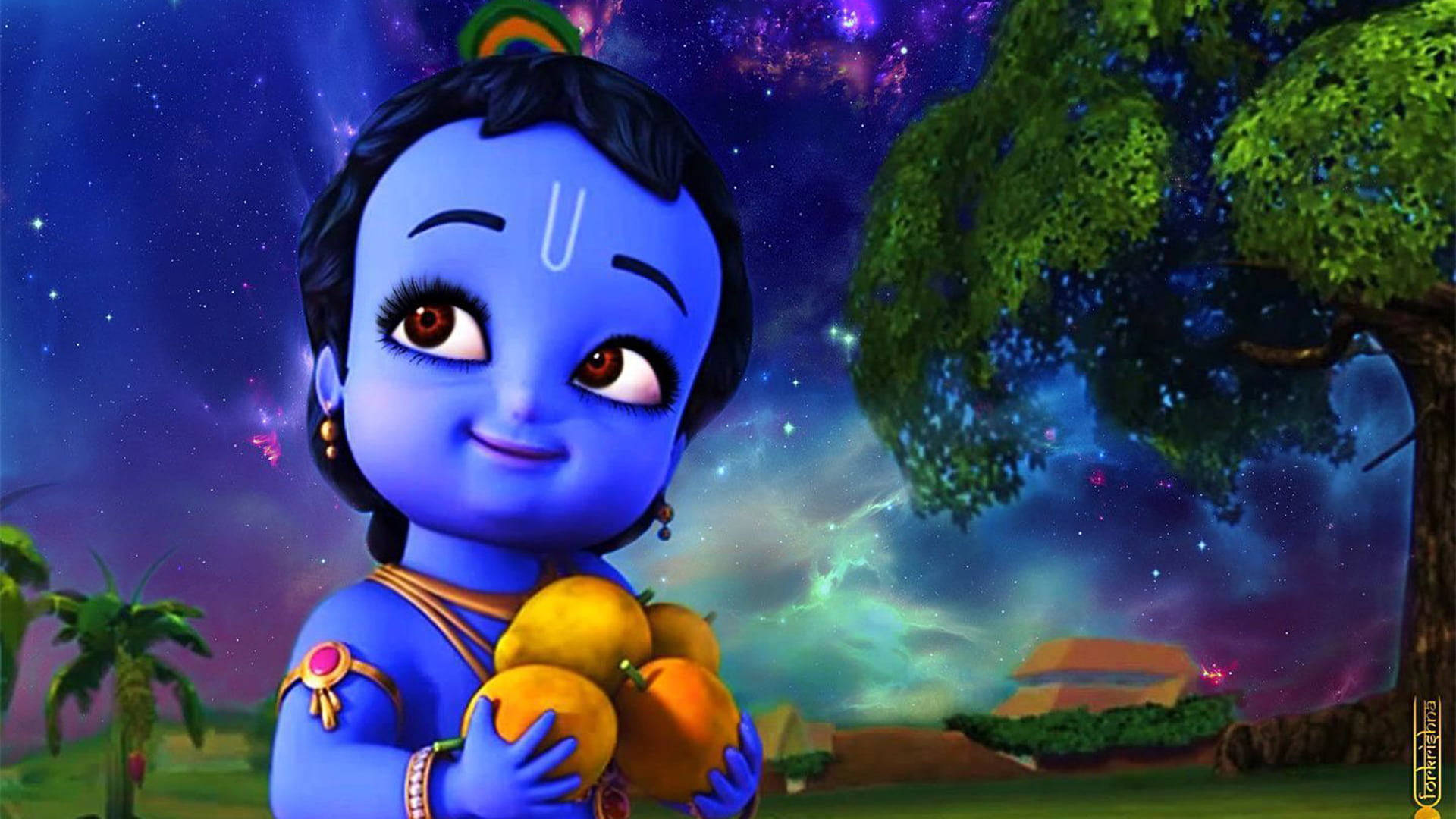 Animated Krishna Loves His Fruits Background