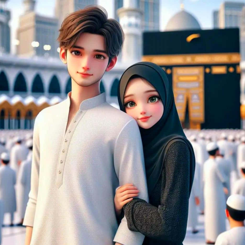 Animated Muslim Coupleat Hajj Background