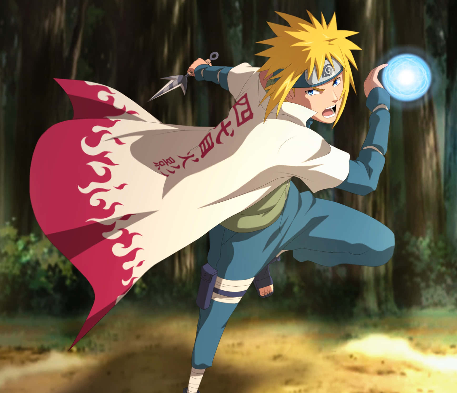 Animated Ninja Action Pose With Kunaiand Chakra Ball Background