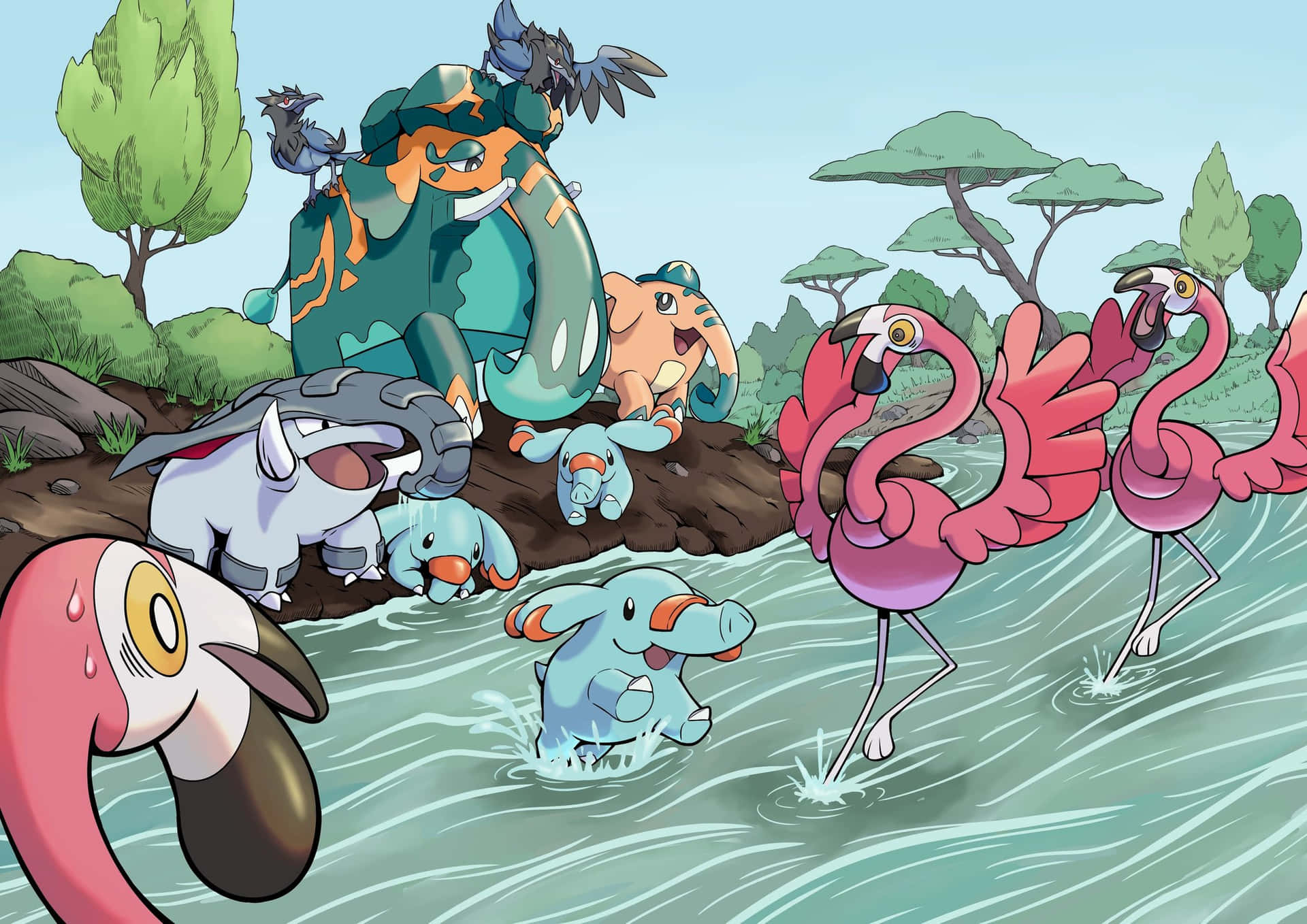 Animated Pokemonand Flamingosbythe Water Background
