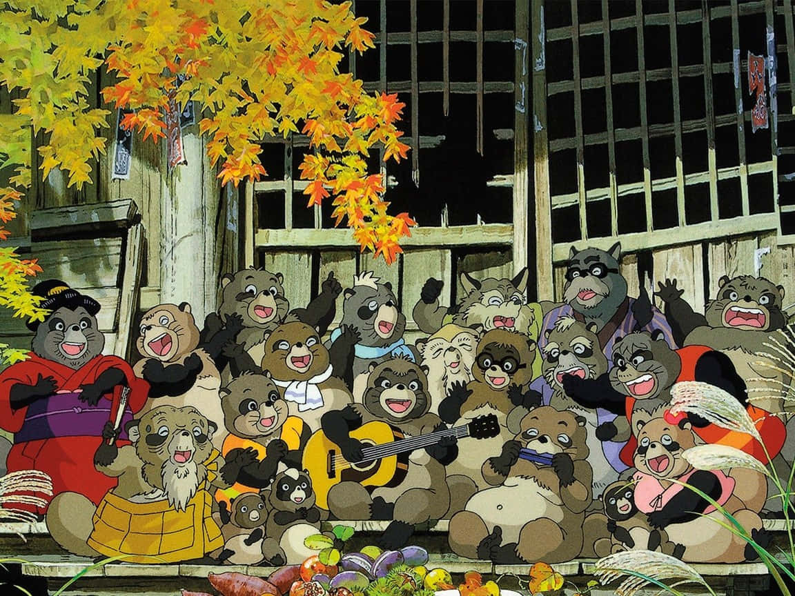 Animated Pom Poko Characters On A Colorful Background Background