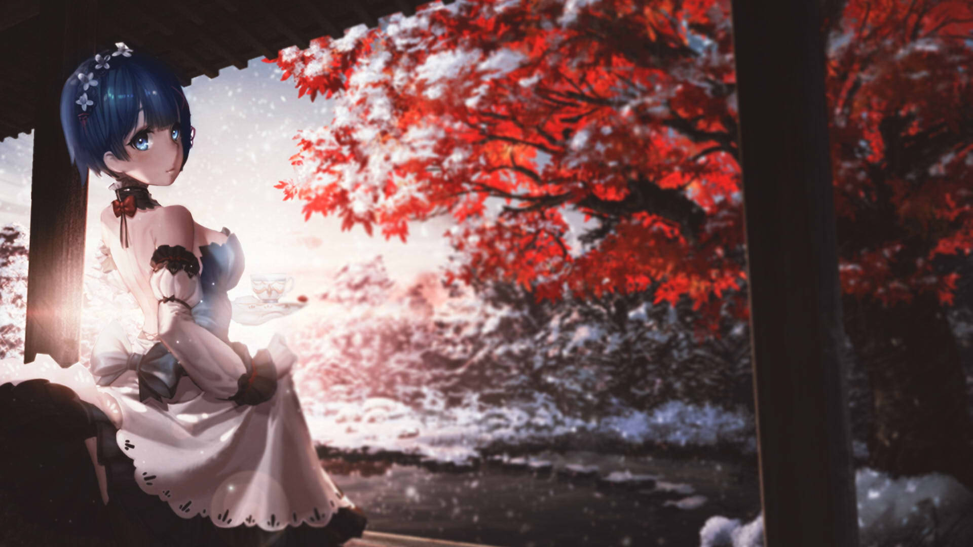 Animated Rem And Red Leaves In Winter Background