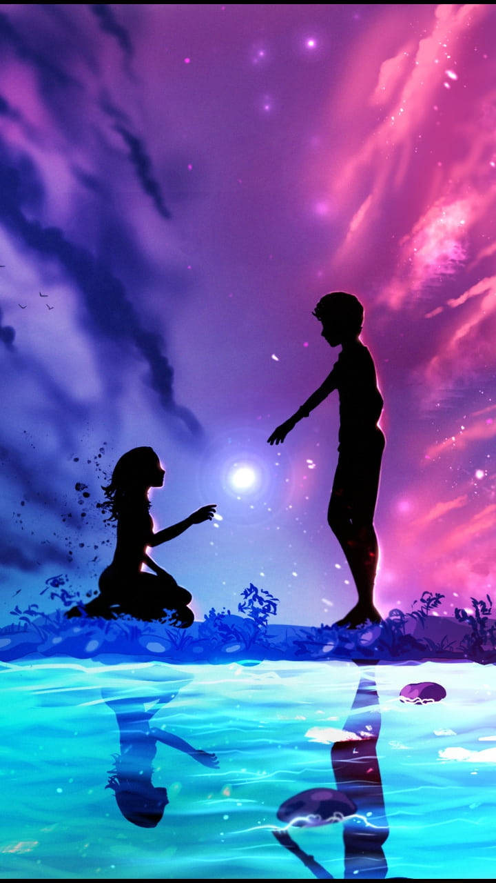 Animation Anime Couple On Water Purple And Pink Background
