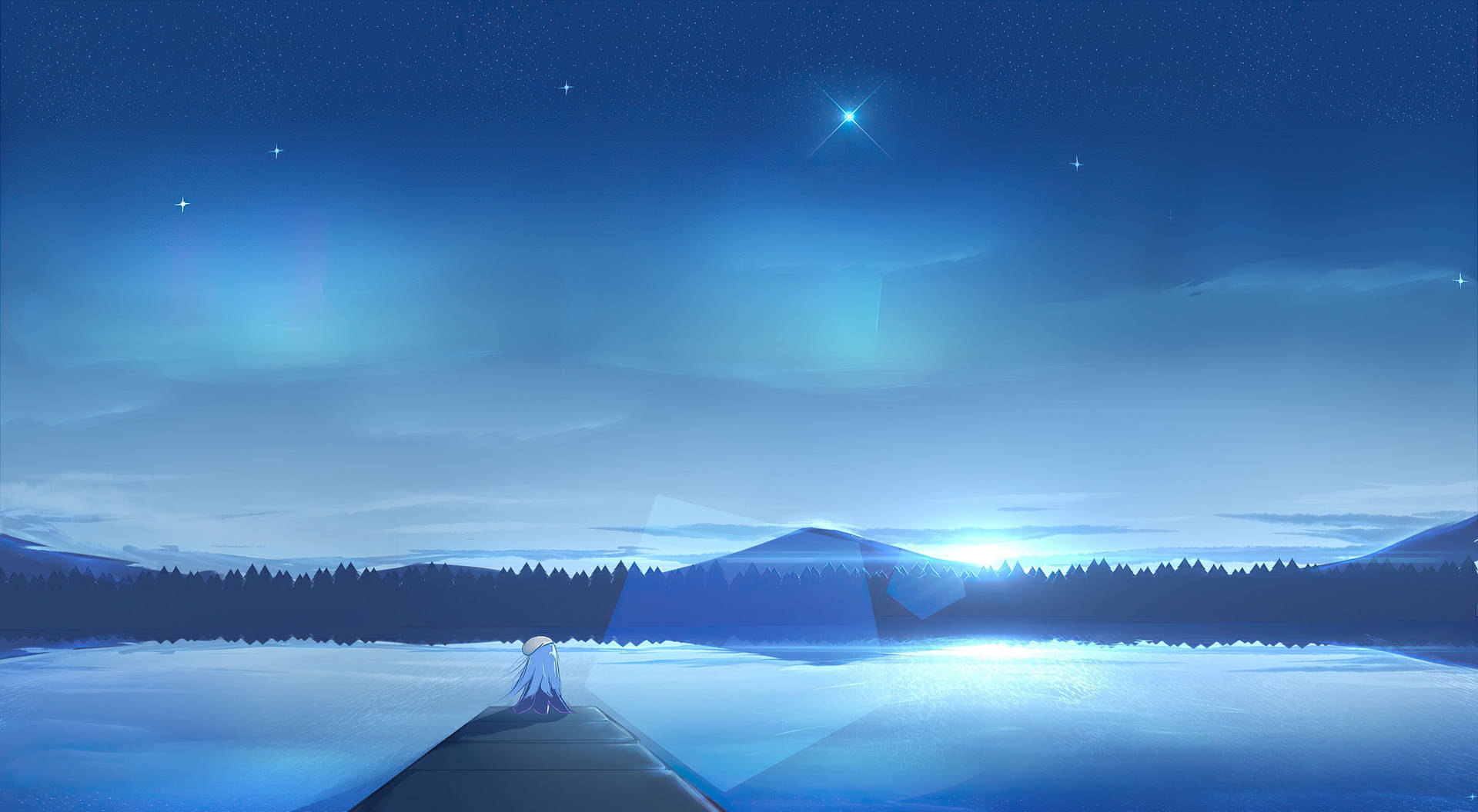 Animation Anime Girl At Pier With Lake And Mountains Background