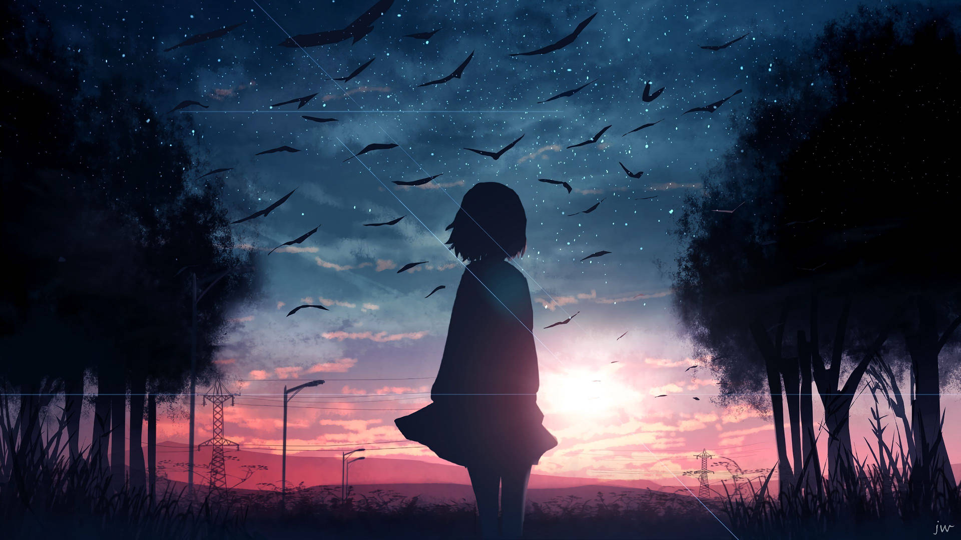 Animation Anime Girl In Between Trees Sunset Background