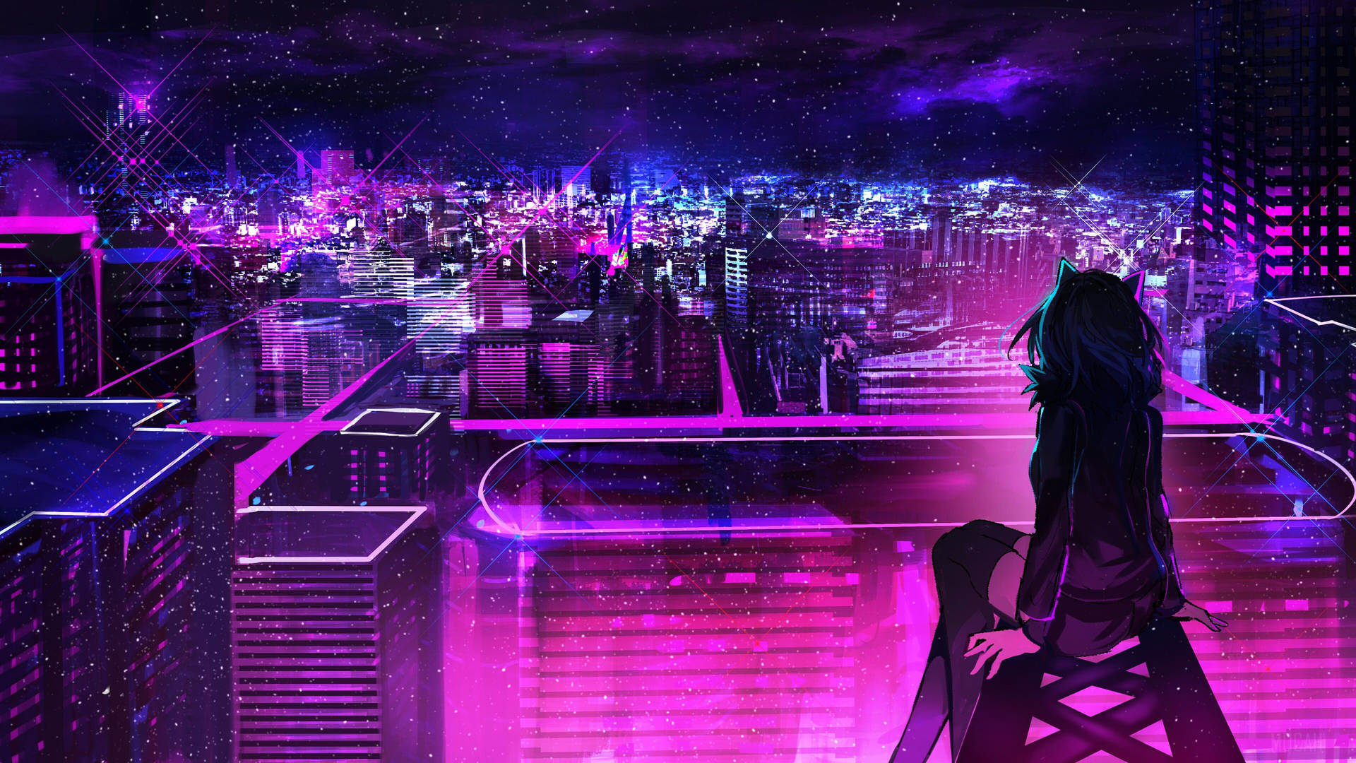 Animation Anime Girl Neon Purple City Background