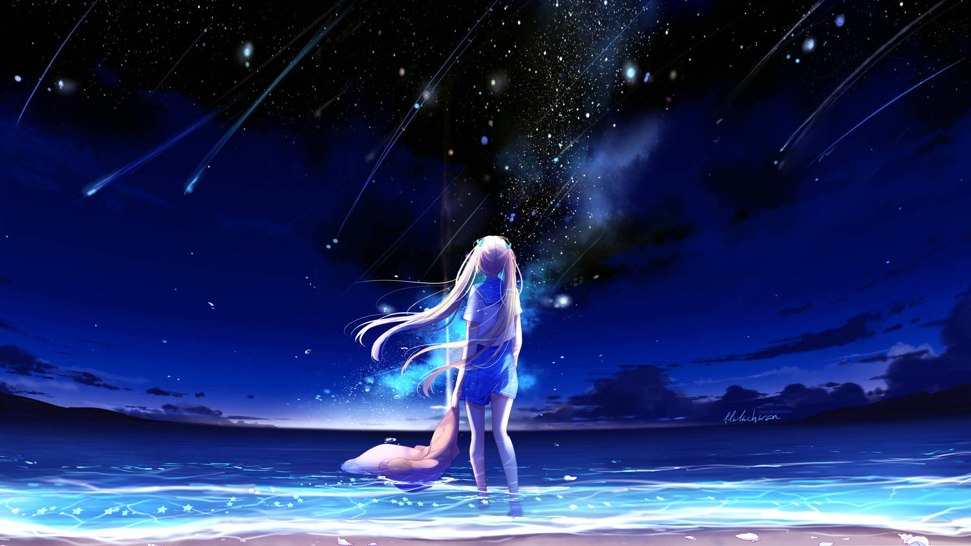 Animation Anime Girl Shooting Stars At Beach Background